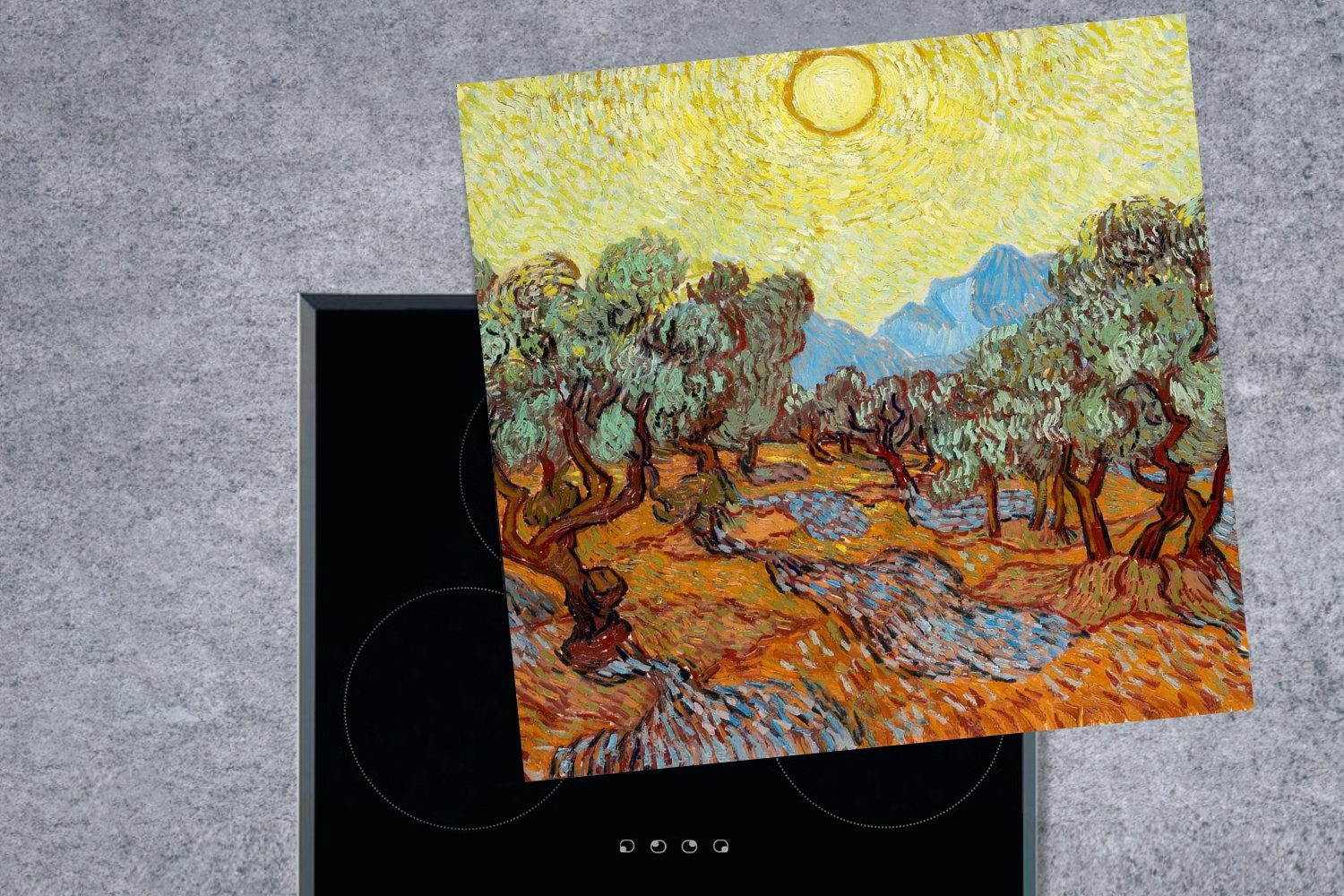 MuchoWow Herdblende-/Abdeckplatte Olivenbäume Gogh, für (1 Sonne tlg), und Ceranfeldabdeckung, Vinyl, - küche Vincent mit van 78x78 cm, Himmel Gemälde Arbeitsplatte gelbem von