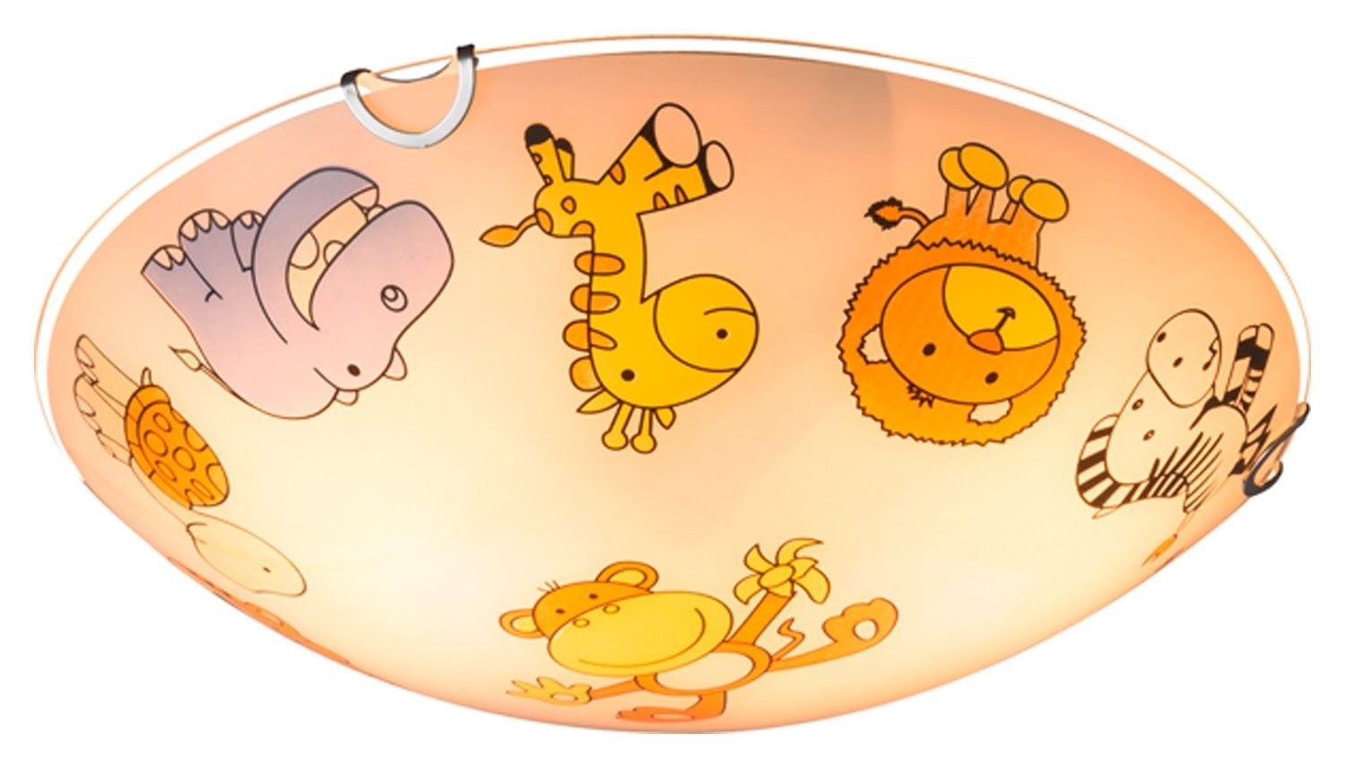 EGLO Deckenleuchte Kinder-Deckenleuchte KIDDY, 1-flammig, Weiß, Glas, ohne Leuchtmittel, Ø 30 cm, mit bunten Tiermotiven