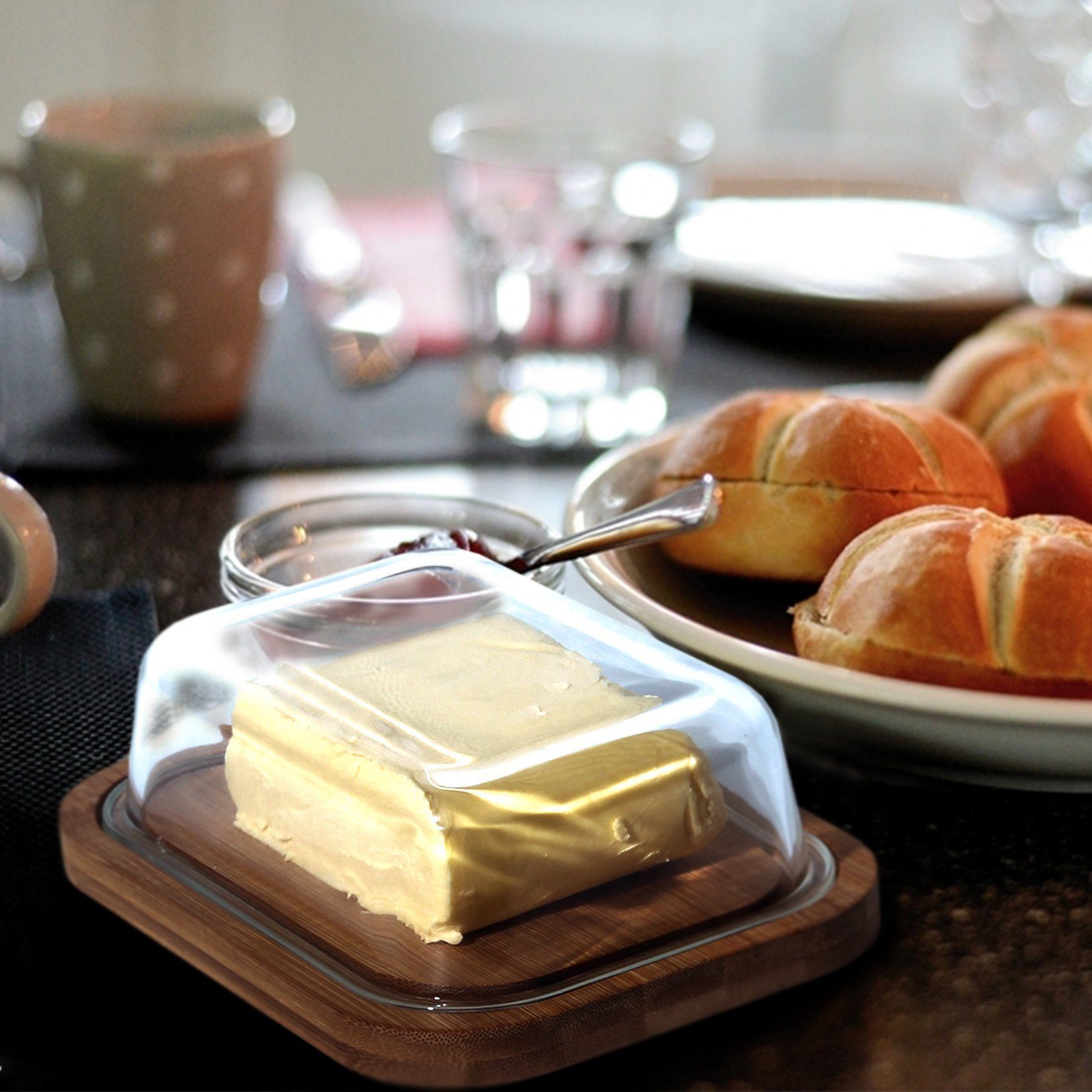 Zedelmaier Butterdose Butterdose,Butterglocke für 250g Butter,mit nachhaltigem holzdeckel, (Packung, HYH001&4), Butterdose aus Boraxglas & Naturdeckel aus rundem Rand