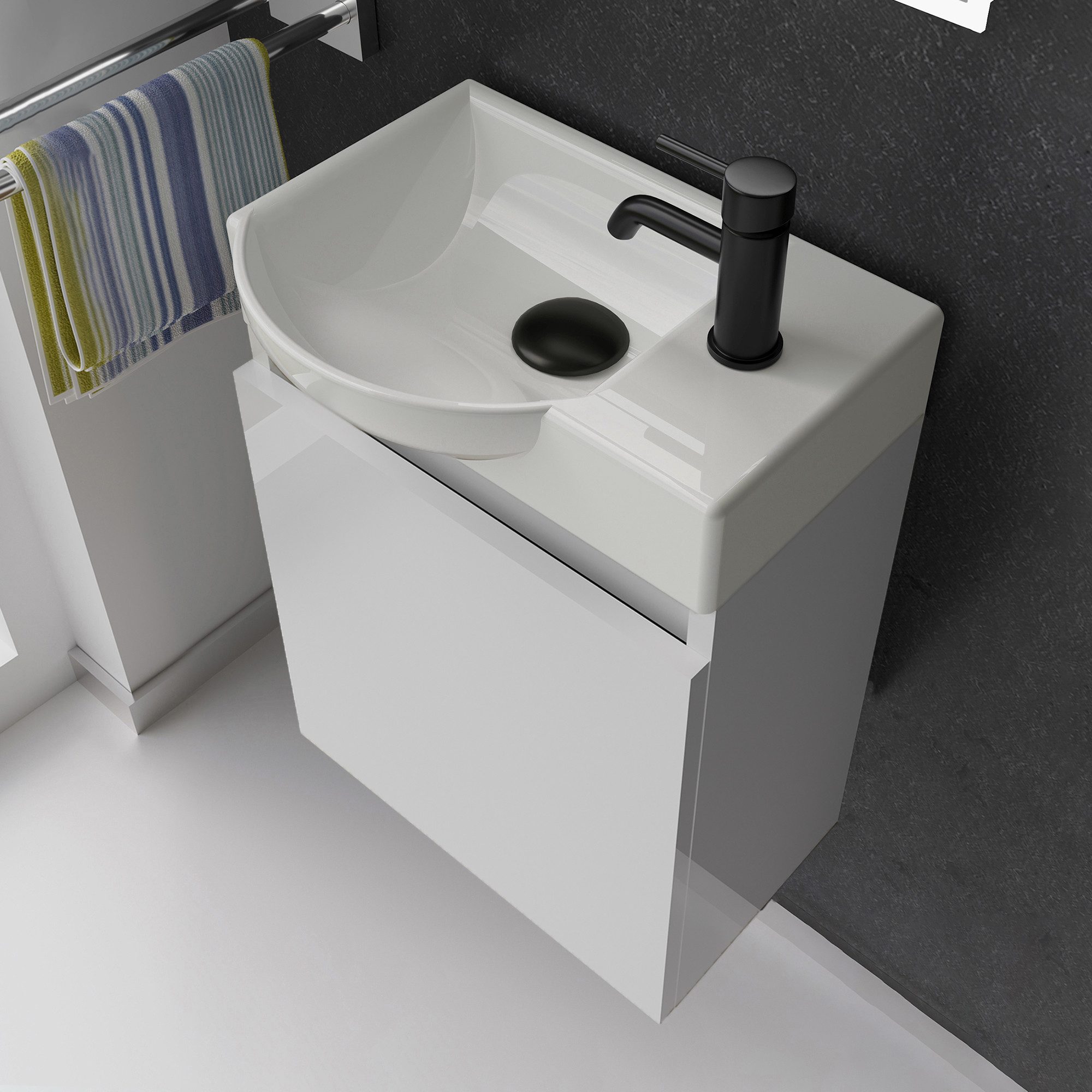 Alpenberger Badmöbel-Set Gäste WC Waschbecken mit Unterschrank - Hängeschrank Vormontiert, (2 teilig WC Schrank Schmal - Waschtischschrank, Waschtisch Komplettset - Badmöbel Gäste WC), Mini Waschbecken Gäste WC - Unterschrank Bad Weiß