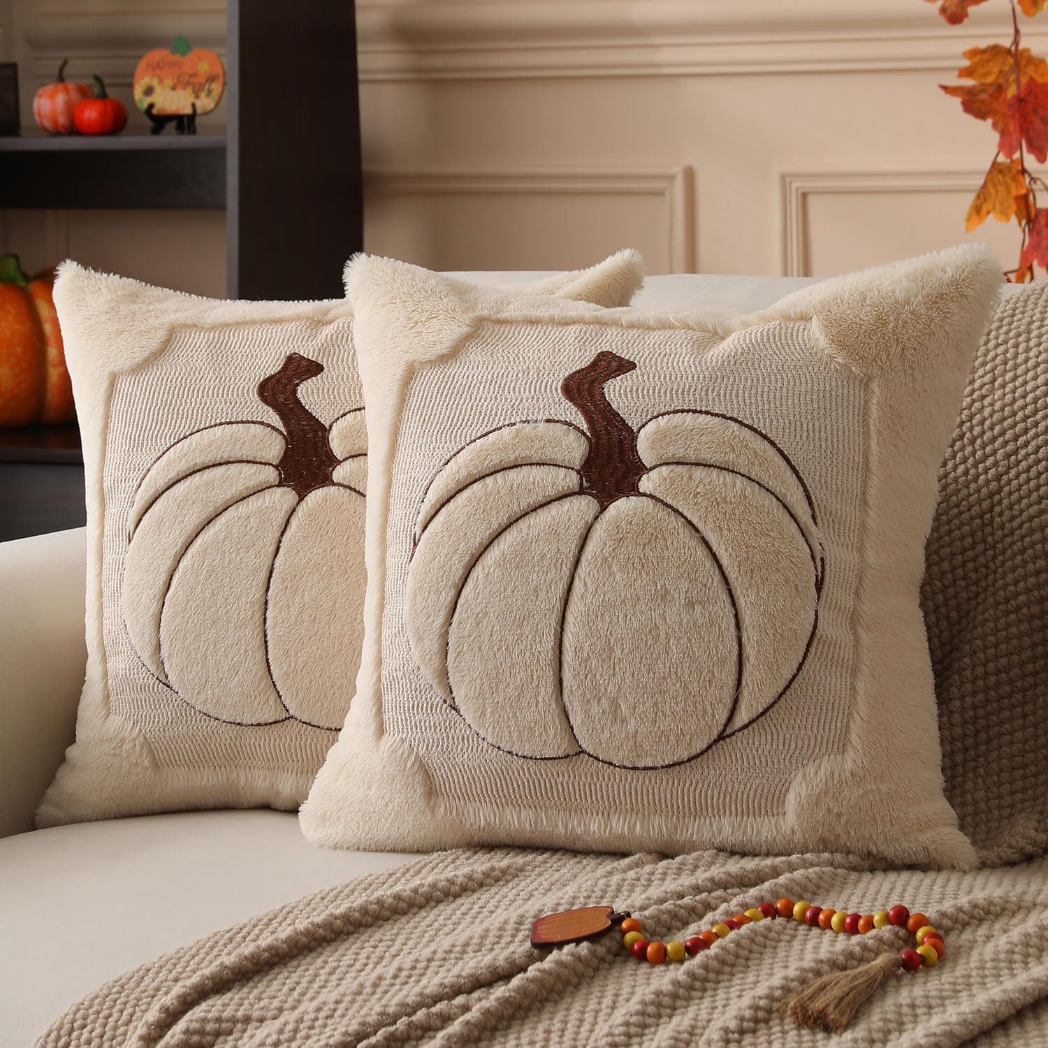 FOUORTUNATE-BEE Kissenbezug 2 Stück Plüsch-Kürbis-Kissenbezüge, Herbst-Sofakissenbezüge, Dekorative Kissenhüllen für Zuhause, Thanksgiving- und Halloween-Deko