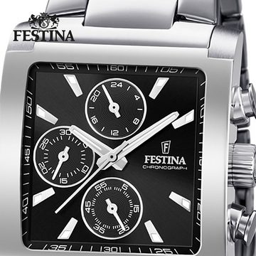 Festina Chronograph Festina Herren Uhr F20423/3 Edelstahl, Herren Armbanduhr eckig, Edelstahlarmband silber