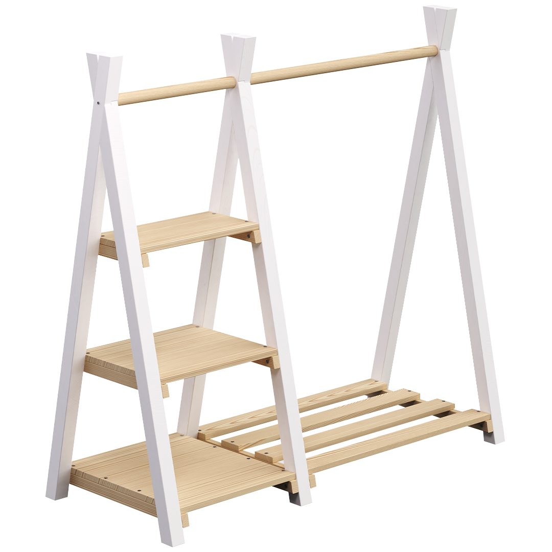 Bellabino Kleiderständer Ryck für Kinder im Tipi-Design, (mit weißen Beinen, inkl. 3 Fächern), Kindergarderobe mit Kleiderstange & Schuhablagefläche