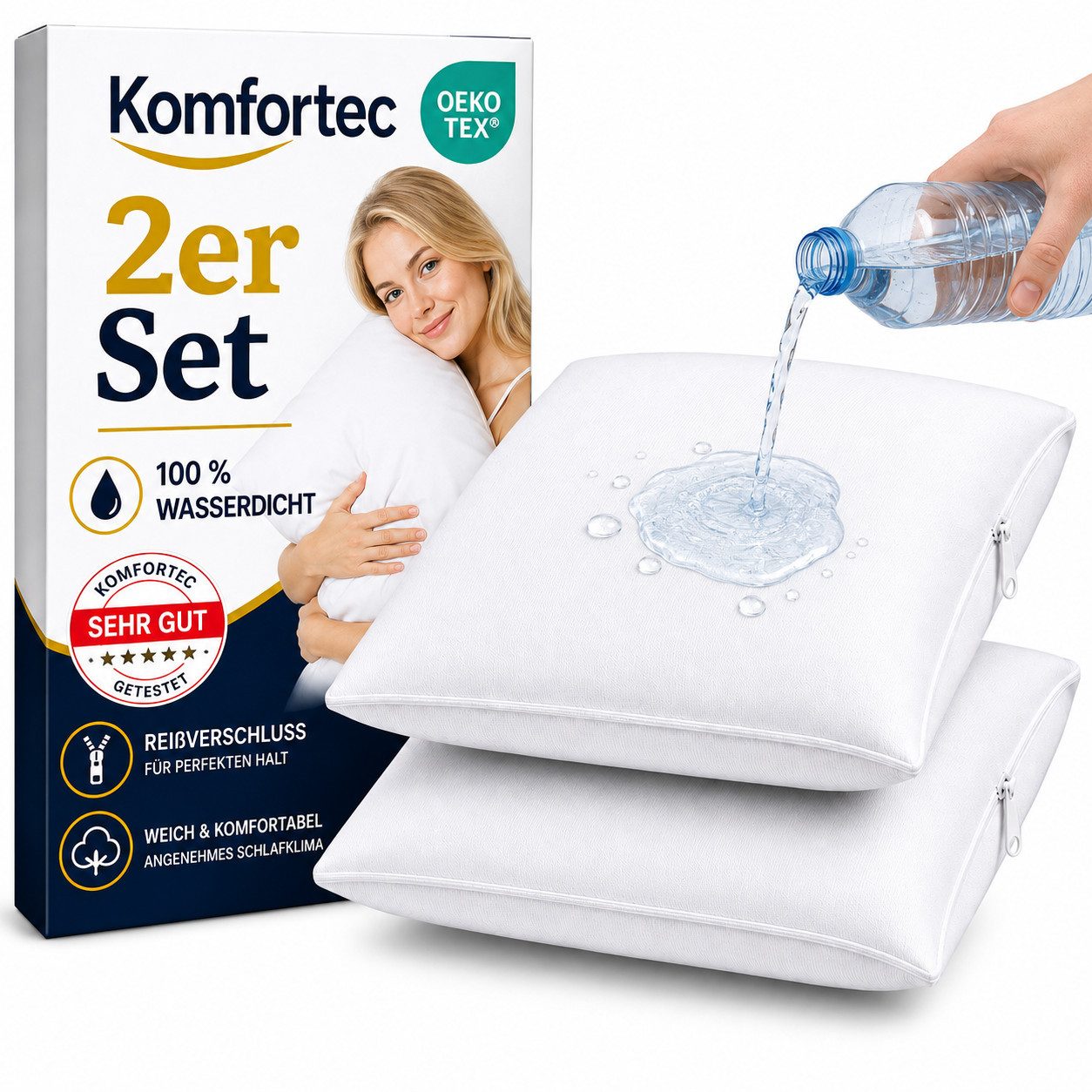 Komfortec Kissenbezüge Wasserdichter Kissenbezug Set, Hypoallergen Kopfkissenbezüge, (2 Stück), 45x45 cm mit Reißverschluss, Atmungsaktiv, Anti-Milben Kissenschoner