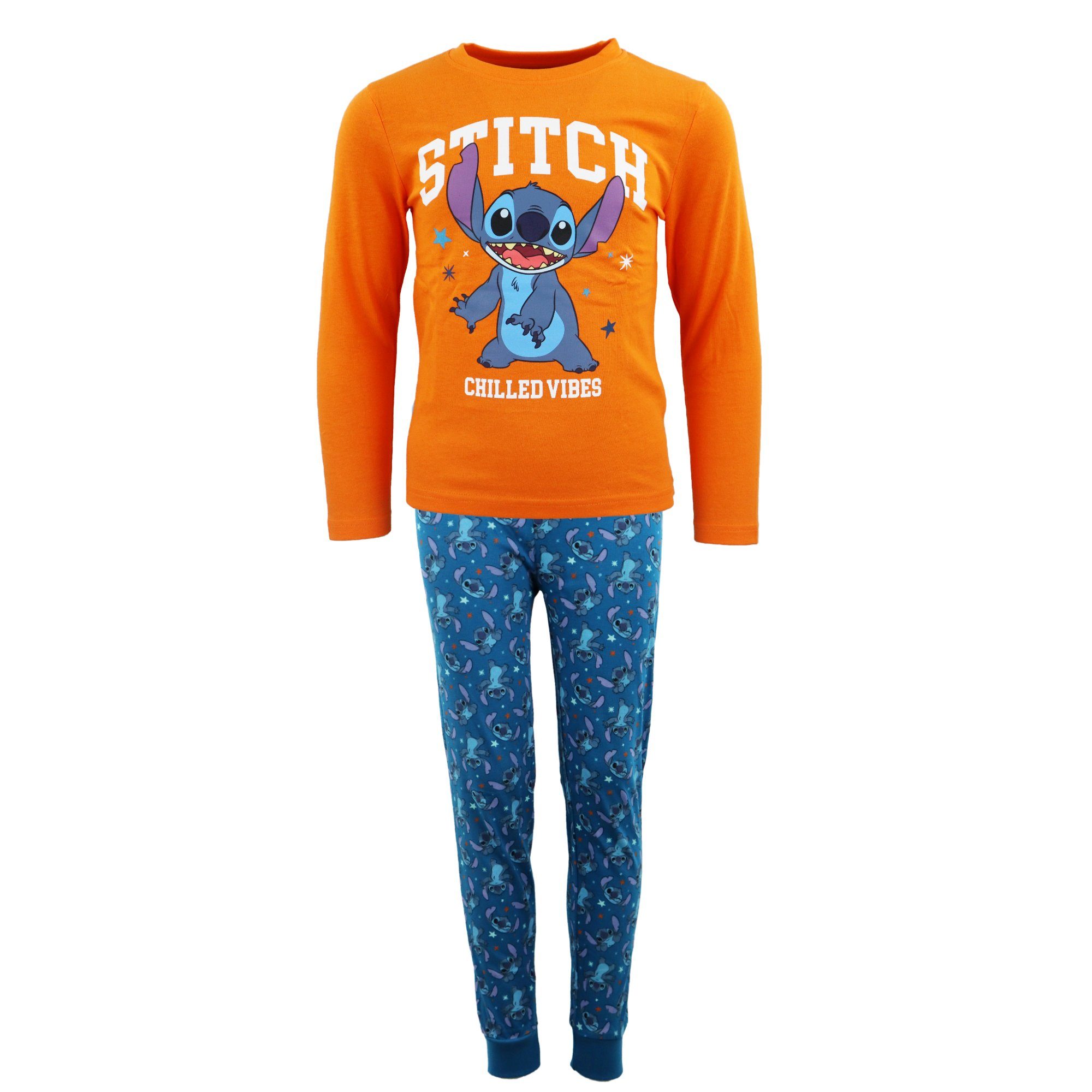 Disney Schlafanzug Disney Stitch Kinder Jungen langarm Pyjama Gr. 104 bis 134, 100% Baumwolle Orange
