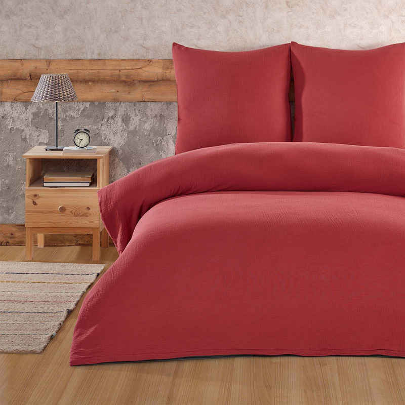 Bettwäsche Luxury, Buymax, Musselin 100% Baumwolle, 2 teilig, 135x200 cm, Bettbezug Set, Uni, einfarbig, mit Reißverschluss, Rot