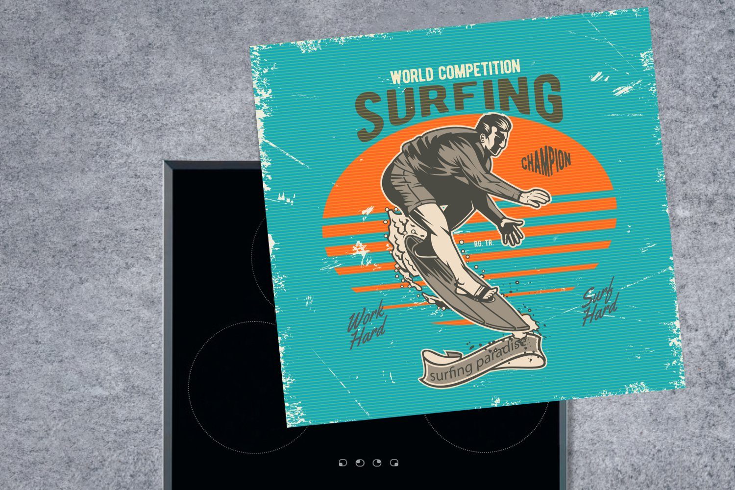 MuchoWow Herdblende-/Abdeckplatte Arbeitsplatte Surfbrett, - - cm, (1 tlg), 78x78 Vintage Vinyl, küche Ceranfeldabdeckung, für Surfen