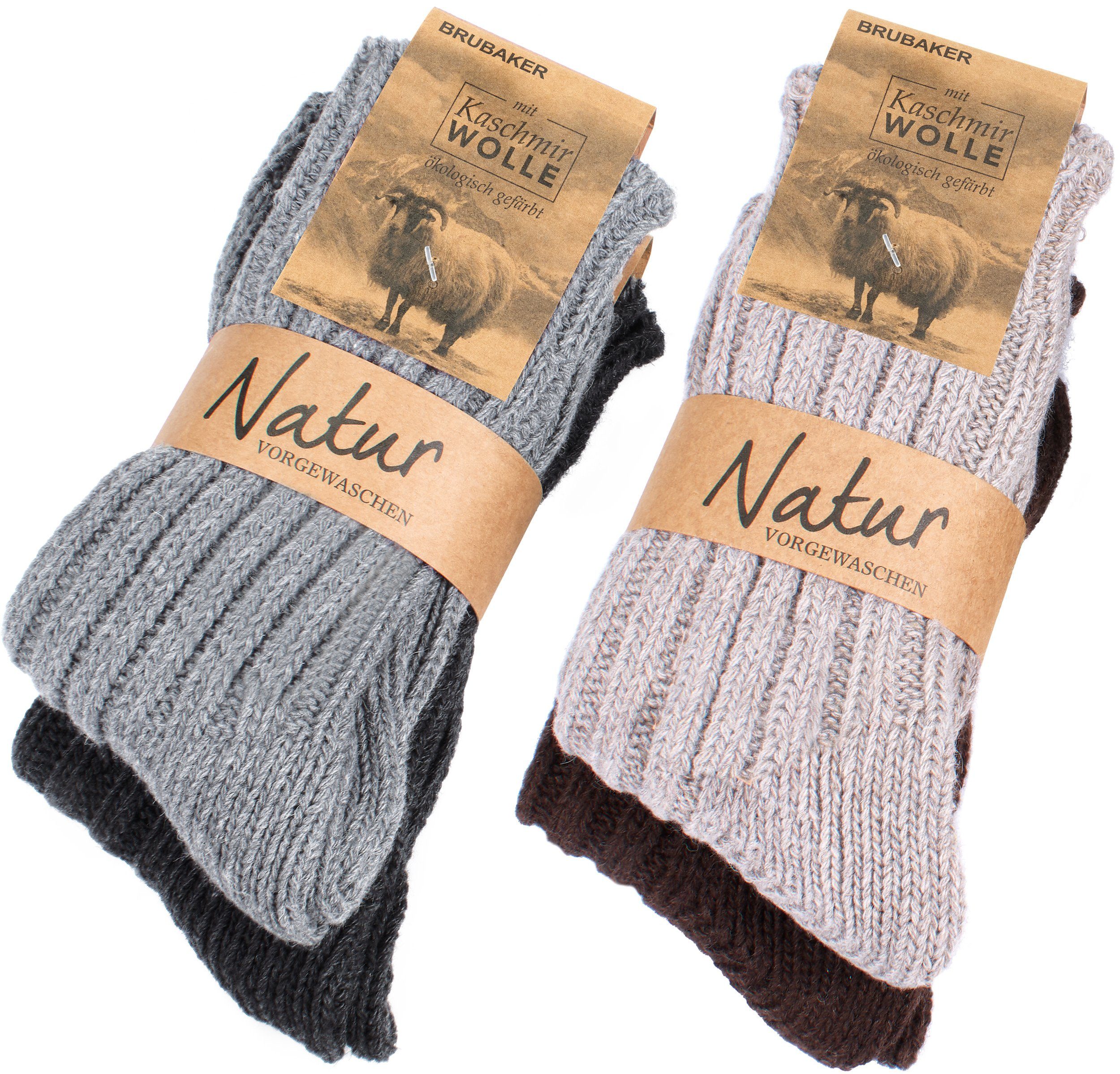 Anteil) und Damen BRUBAKER Herren und Schafswolle Grau warme Wintersocken (4-Paar, Braun Kaschmir-Socken für Kuschelsocken und Grobstrick Cashmere 48% 40%