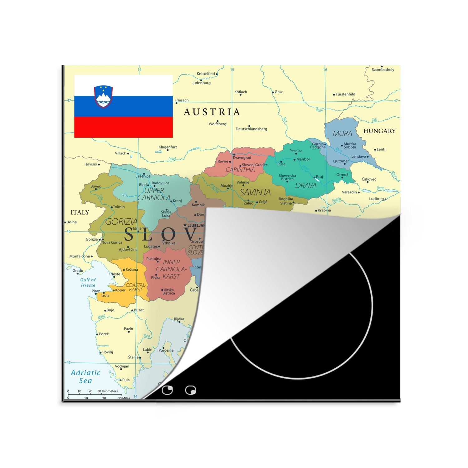 MuchoWow Herdblende-/Abdeckplatte Bunte Landkarte von Slowenien und seine Flagge, Vinyl, (1 tlg), 78x78 cm, Ceranfeldabdeckung, Arbeitsplatte für küche