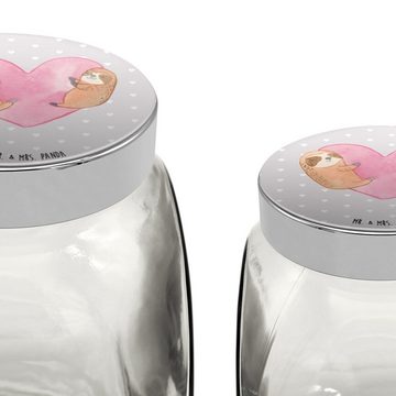 Mr. & Mrs. Panda Vorratsglas L 870ml Faultiere Herz - Grau Pastell - Geschenk, Snackdose, Freund, Premium Glas, (1-tlg), Vielseitig einsetzbar