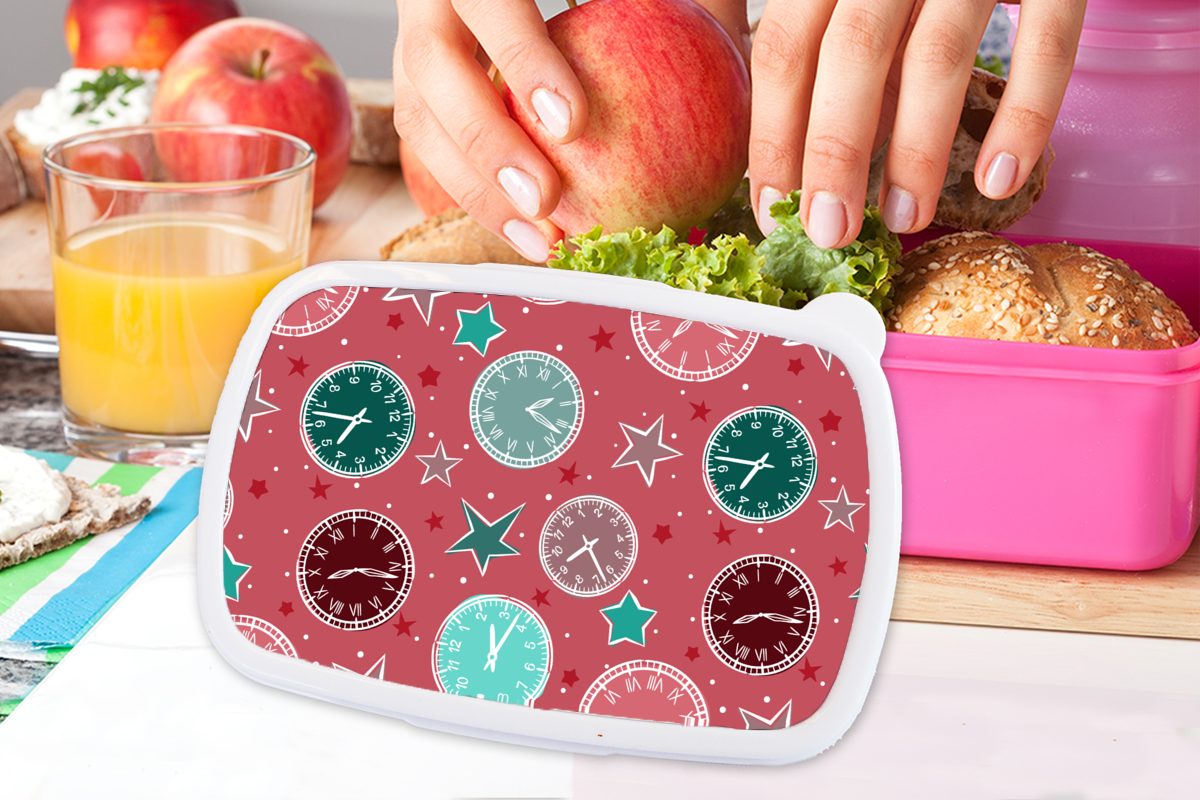 MuchoWow Lunchbox Kunststoff, - Erwachsene, (2-tlg), - Kinder, Sterne, Snackbox, Muster Brotdose Rosa Mädchen, - Kunststoff Uhr Brotbox für