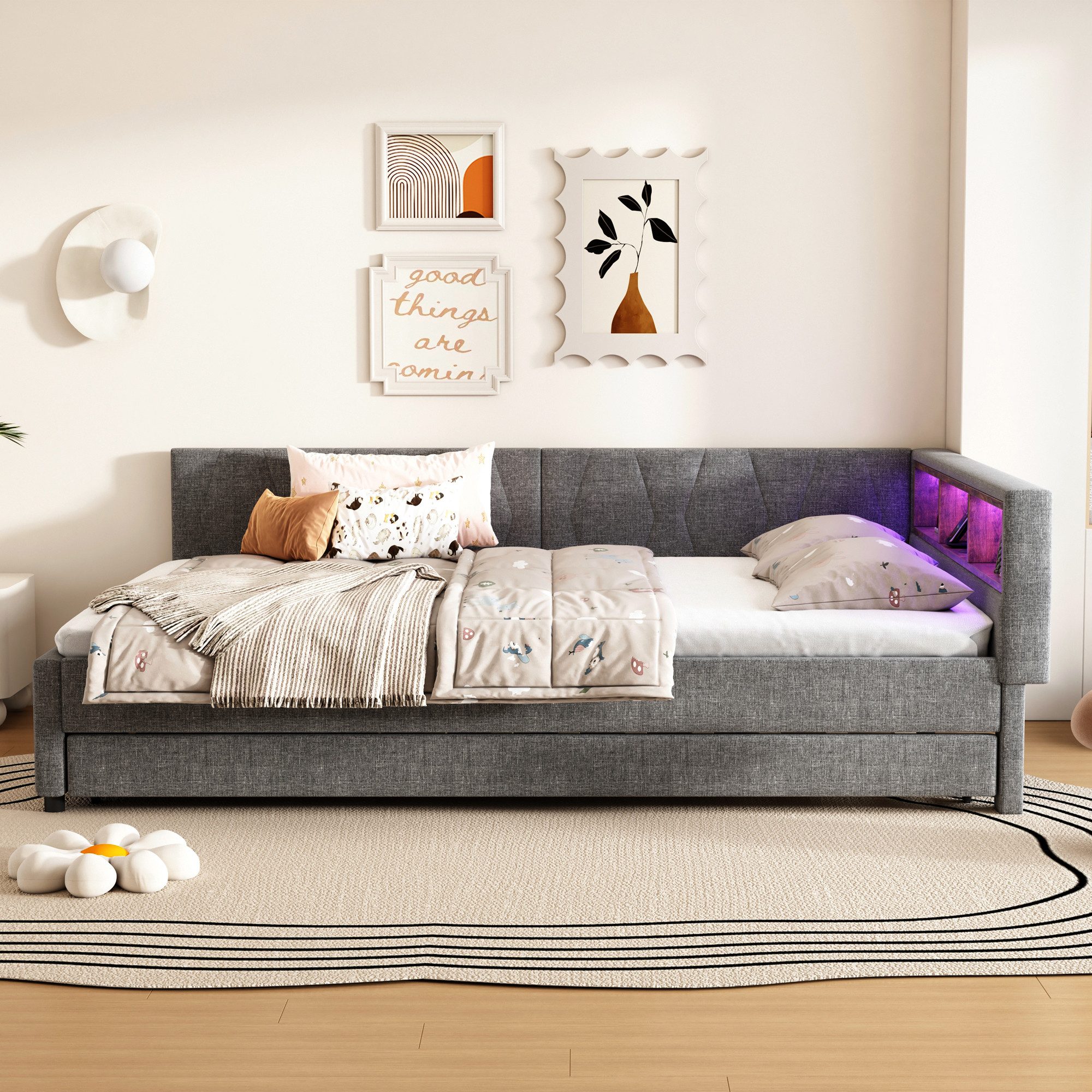 Flieks Daybett, LED Polsterbett Schlafsofa 140x200cm & Ausziehbett 90x190cm günstig online kaufen