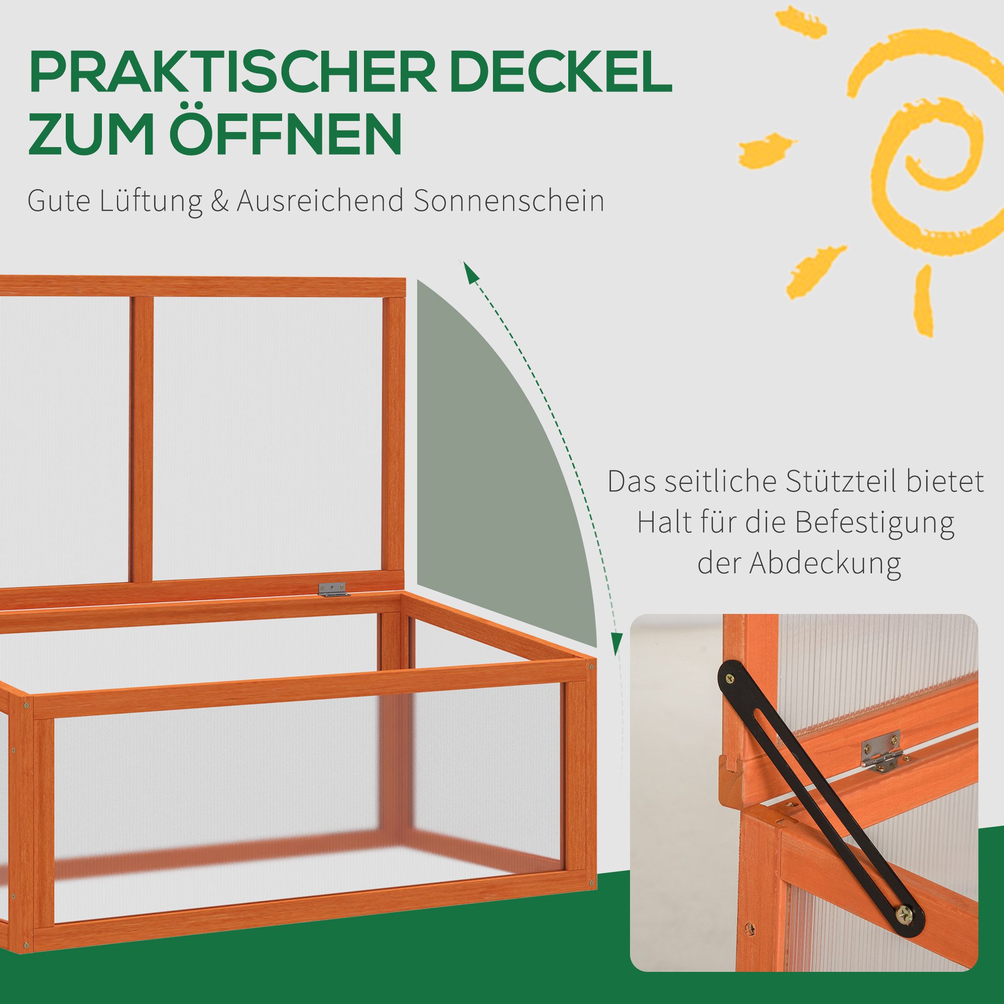 Outsunny Hochbeet Gewächshaus mit Abdeckung wetterfest Frühbeetkasten für Garten (Treibhaus, 1 St., Frühbeet), aus Holz,Polycarbonat, Orange, 90 x 46 x 40 cm – Bild 5 von 5