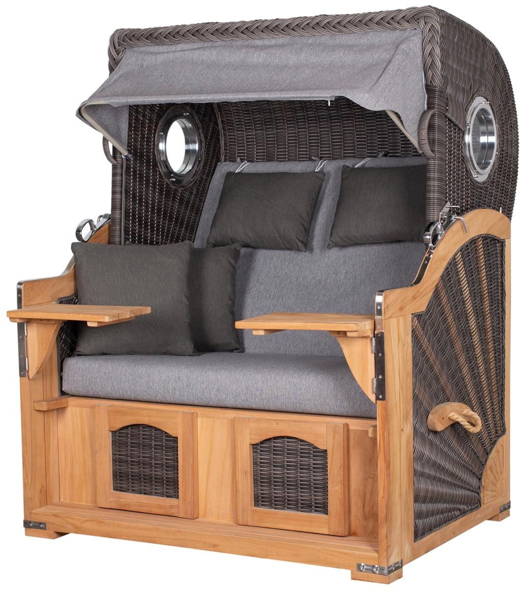 deVries PURE® Strandkorb Seemöwe XL - PE stone grey - Dessin 466, BxTxH: 140x95x160 cm, Halblieger, Ostsee-Strandkorb, Teakholz - Bullaugen - Kissenausstattung und Schutzhülle