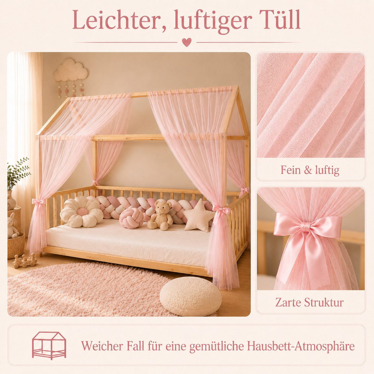 Baby Fancyroom Betthimmel Hausbett Himmel Premium Tüll, Baldachin für Kinderbett Mädchenzimmer, 2-teilig, mit 4 Schleifen, Premium Tüll