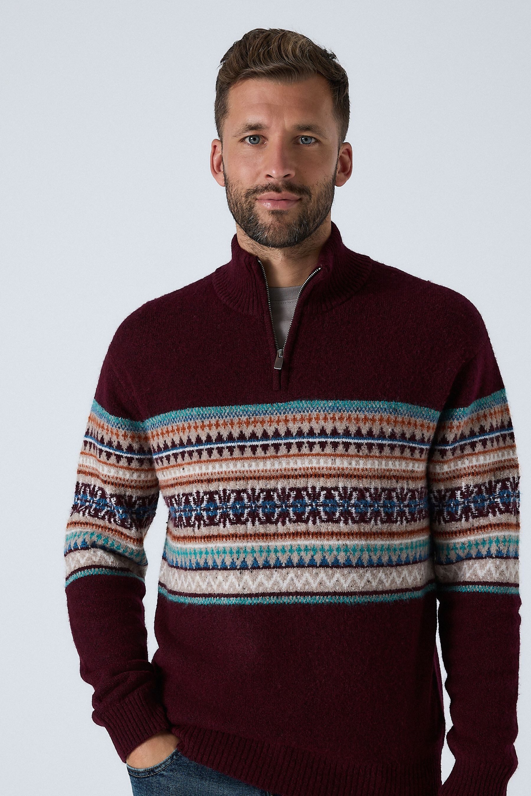 Next Norwegerpullover Regular Fit Troyer, Fairisle-Muster + Blockfarben (1-tlg)