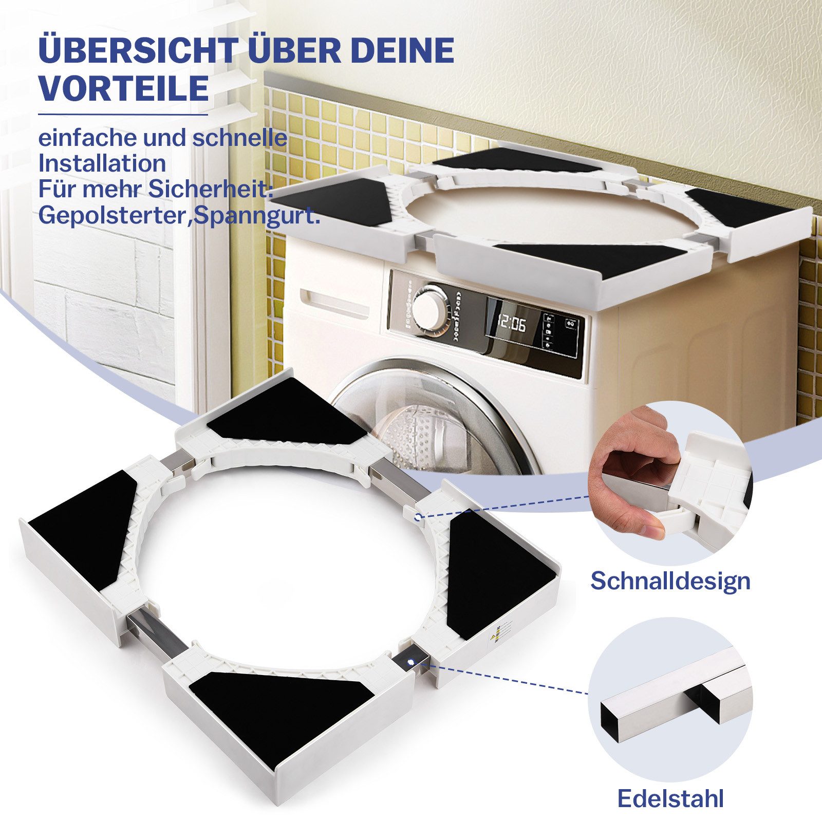 XIIW Zwischenbaurahmen Verbindungsrahmen für Waschmaschine Trockner 46-66cm Zwischenbaurahmen (Universal Verstellbar Größ Stapelbar Stapelbausatz), Baurahmen mit Ratschenseil für Waschküche