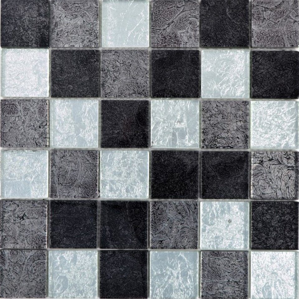 Mosani Mosaikfliesen Mosaikfliese Glasmosaik silber grau schwarz Struktur Metall Optik | Fliesen