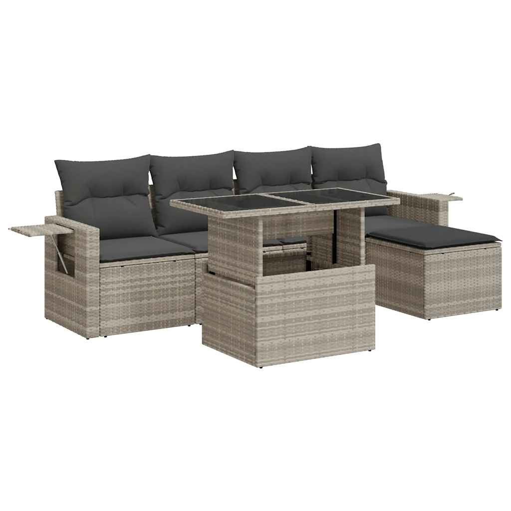 Gartenlounge-Set 6-tlg. Garten-Sofagarnitur mit Kissen Hellgrau Poly Rattan