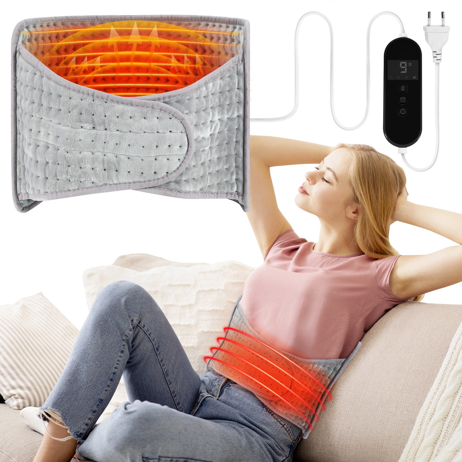 BlingBin Heizkissen Wärmekissen Elektrisch, Wärmegürtel mit Timerfunktion, 9 Heizstufen, 4 Timer-Einstellungen, mit Taschen 1-tlg., Produktabmessungen: 122 × 30 cm, Wärmekissen mit Abschaltautomatik Für Rücken Bauch Schultern Bein