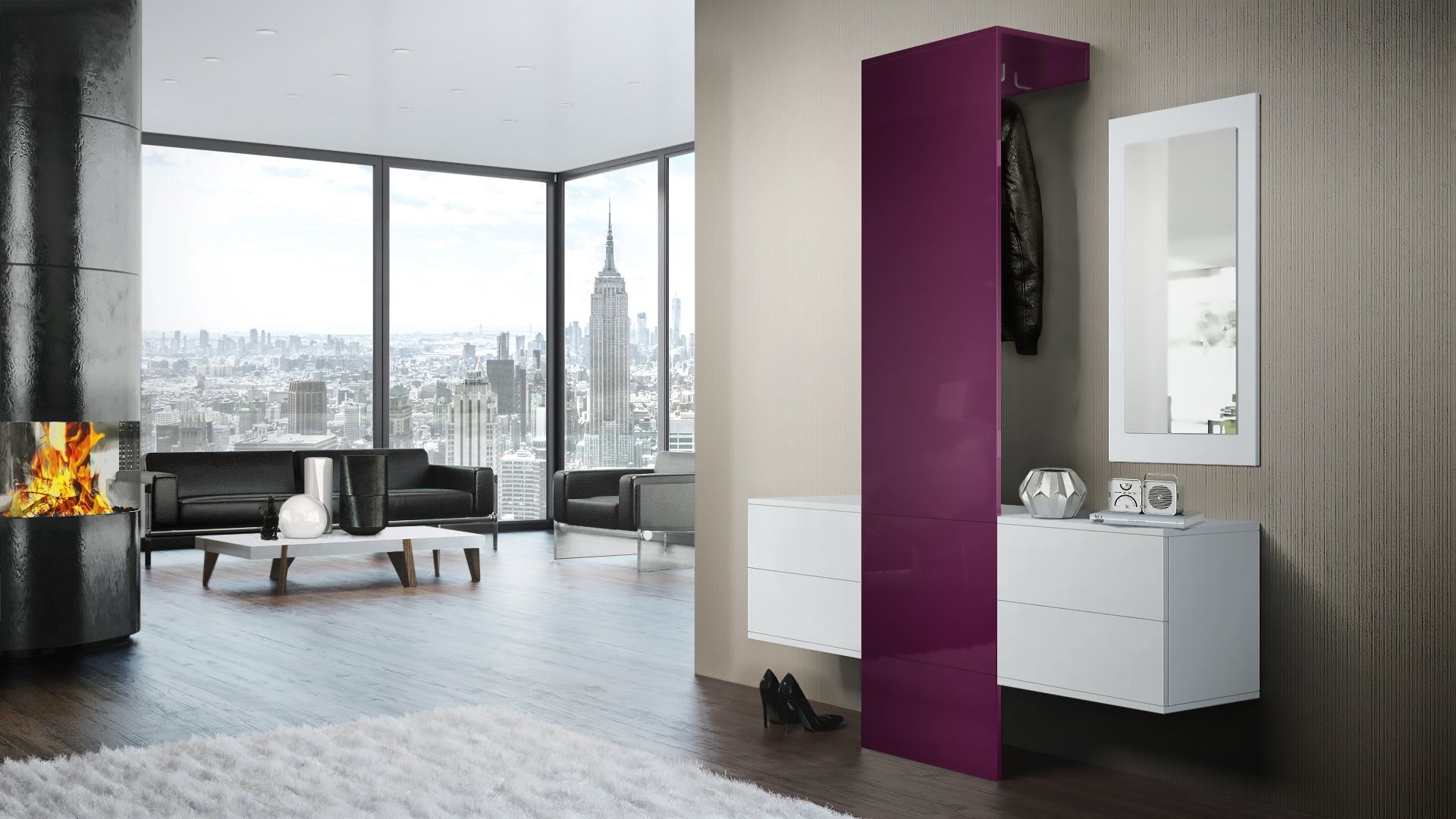 Vladon Garderoben-Set Carlton Set 3, (Wandgarderobe bestehend aus, ​ 1 Paneel, 2 Schubkastenschränke und 1 Wandspiegel), Weiß matt/Brombeer Hochglanz (157 x 193 x 35 cm)