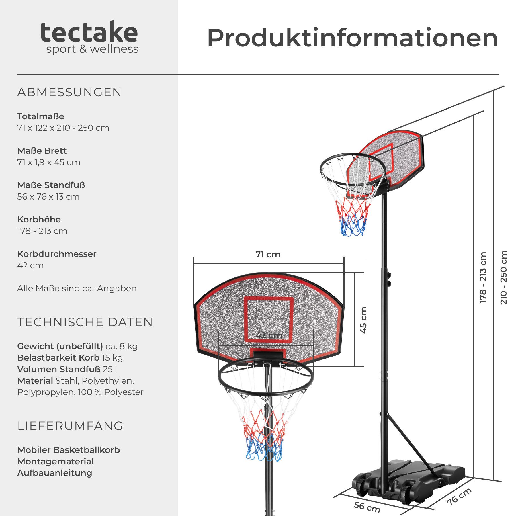 tectake Basketballkorb Basketballanlage Harlem (Komplettset, Mobiler Basketballständer), Mobiler Basketballständer