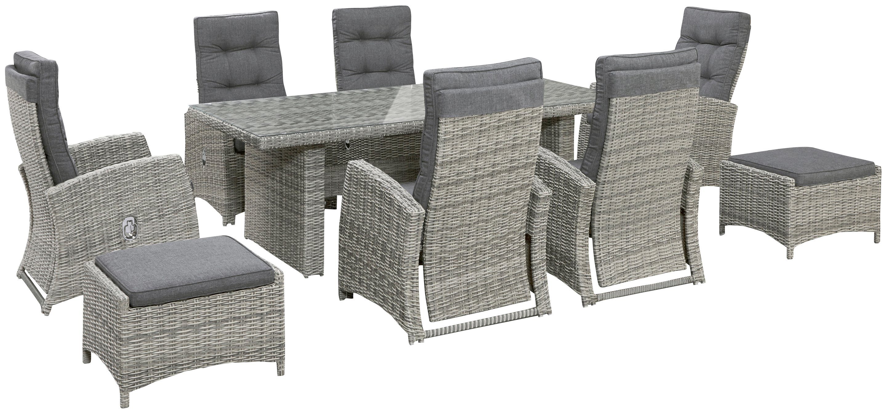 KONIFERA Garten-Essgruppe Monaco, (Set, 17-tlg., 6x Sessel, 2x Hocker, 1x Tisch 200x100x74cm, inkl. Auflagen), Polyrattan, Aluminium, Rückenlehne verstellbar