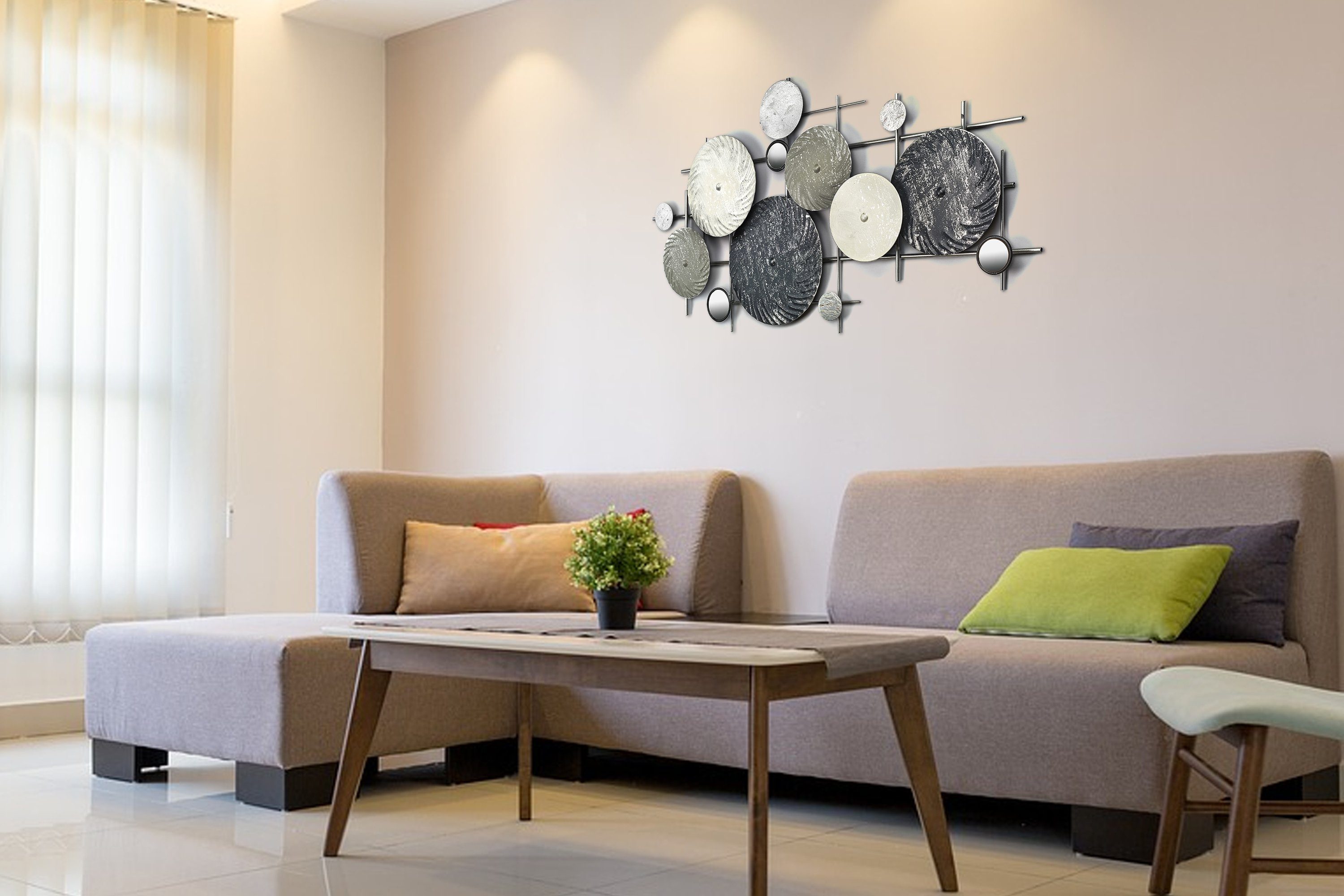 Kobolo Wandbild Metallbild Wanddekoration DISC silber-grau, mit Spiegelelementen