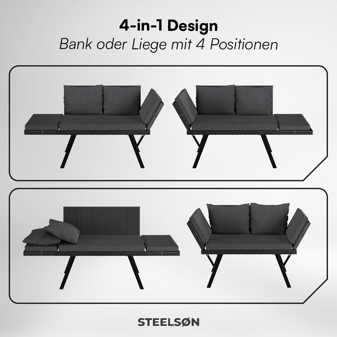 STEELSØN Gartenbank Elytra Relax-Lounge mit klappbaren Armlehnen, 4 Positionen, wetterfest (schwarz/anthrazit, inkl. Kissen), Sitzbank mit Liegefunktion bis 177 – Bild 4 von 5