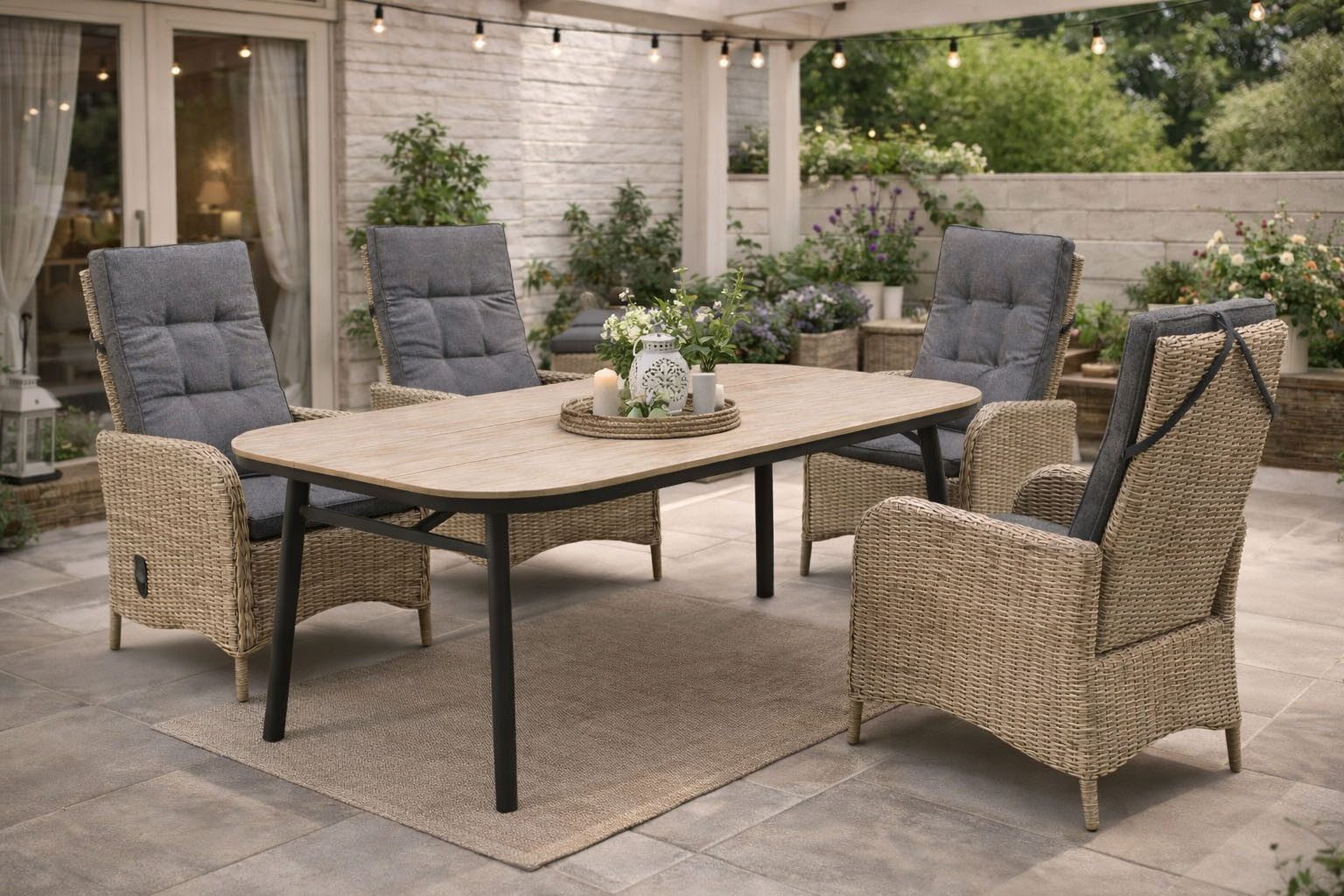 Destiny Garten-Essgruppe PALMA SAN MARINO 4 HL + Tisch OV 180x90cm holzf./ natur meliert, (Set, 4 Hochlehner stufenlos verstellbar, inkl. Auflagen, 1 Tisch), Aluminium, Polyrattan, Polywood