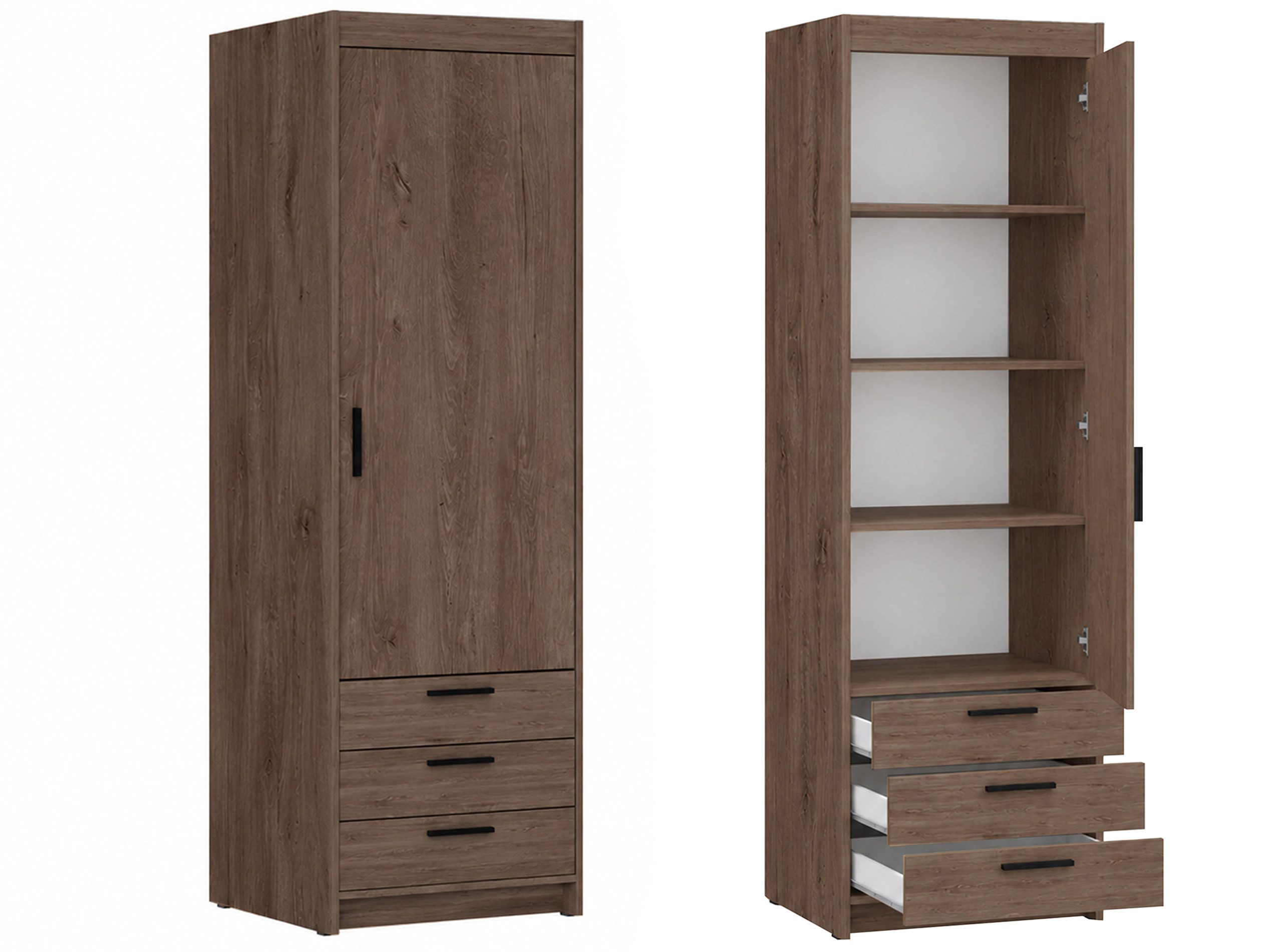 Beautysofa Drehtürenschrank ELENA mit 3 Schubladen und 4 Ablagen (Farben: Weiß, Kaschmir, Sonoma, Lefkas, Eiche geölt) kompakter Hochschrank, Kleiderschrank mit Regalfächern