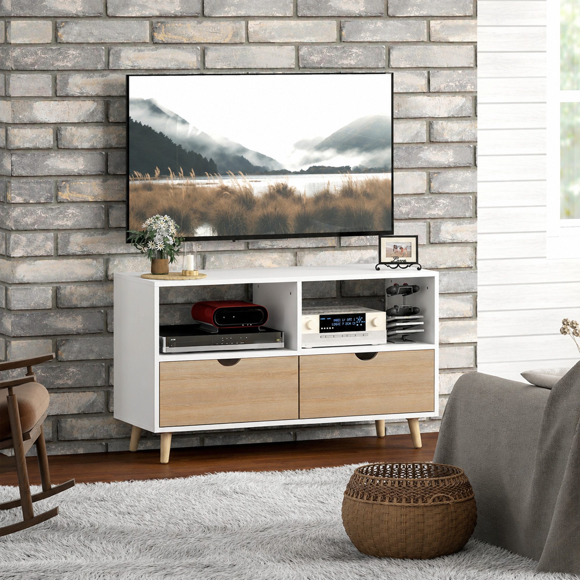 HOMCOM TV-Board TV Schrank Lowboard mit 2 Ablage, Schublade, 99 cm lang (TV Board, 1 St., Fernsehtisch), für Wohnzimmer, Weiß – Bild 4 von 5