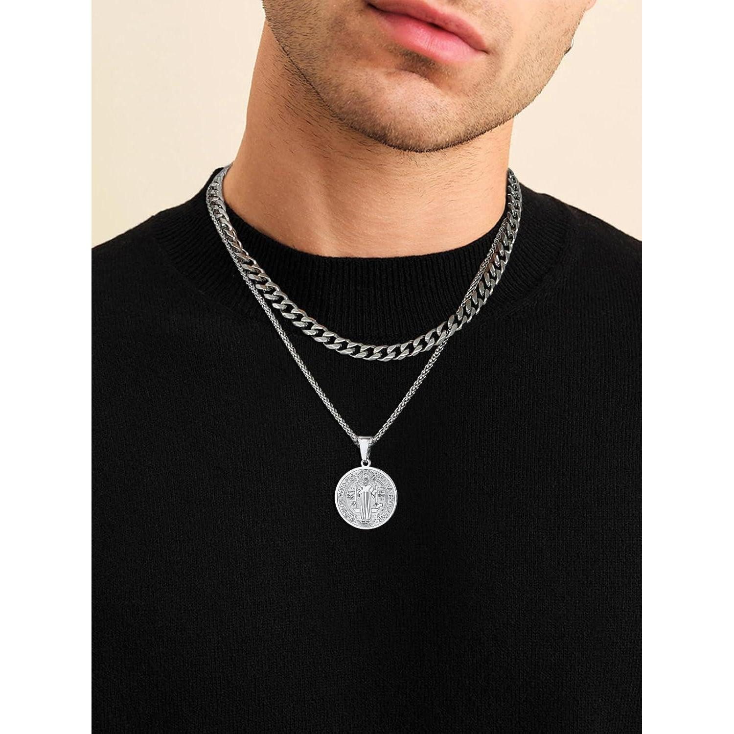 LuxusKollektion Kette und Anhänger Set Herren Benediktusmedaille Anhänger Halskette Edelstahl Schmuck 316L 22