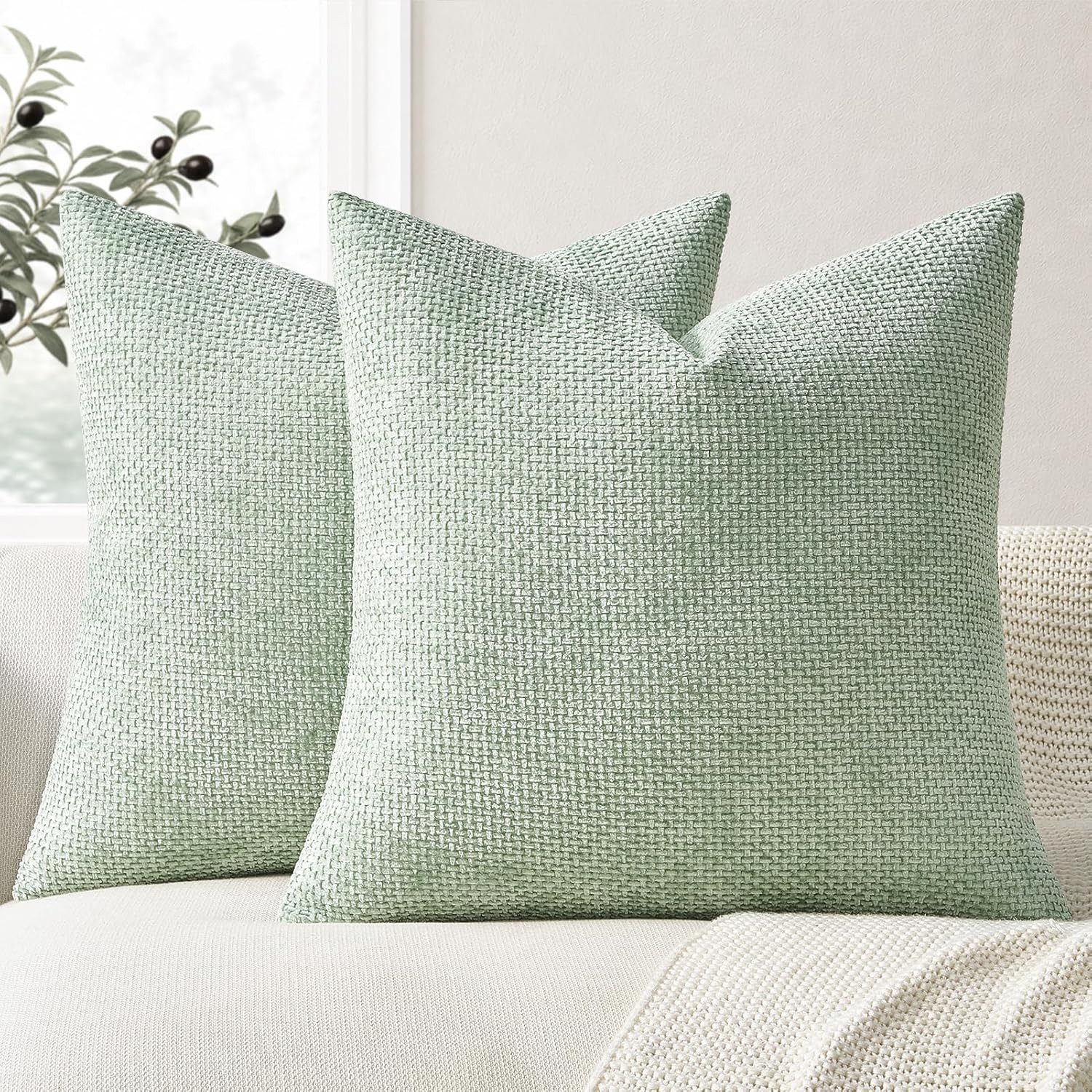 Topfinel Kissenbezug 40x40 samt Flausch Chenille sofa dekokissenbezüge Rattanstreifen Boho, (2 Stück), Kissenbezug 40x40 Salbeigrün Wohnzimmer Schlafzimmer pflegeleicht