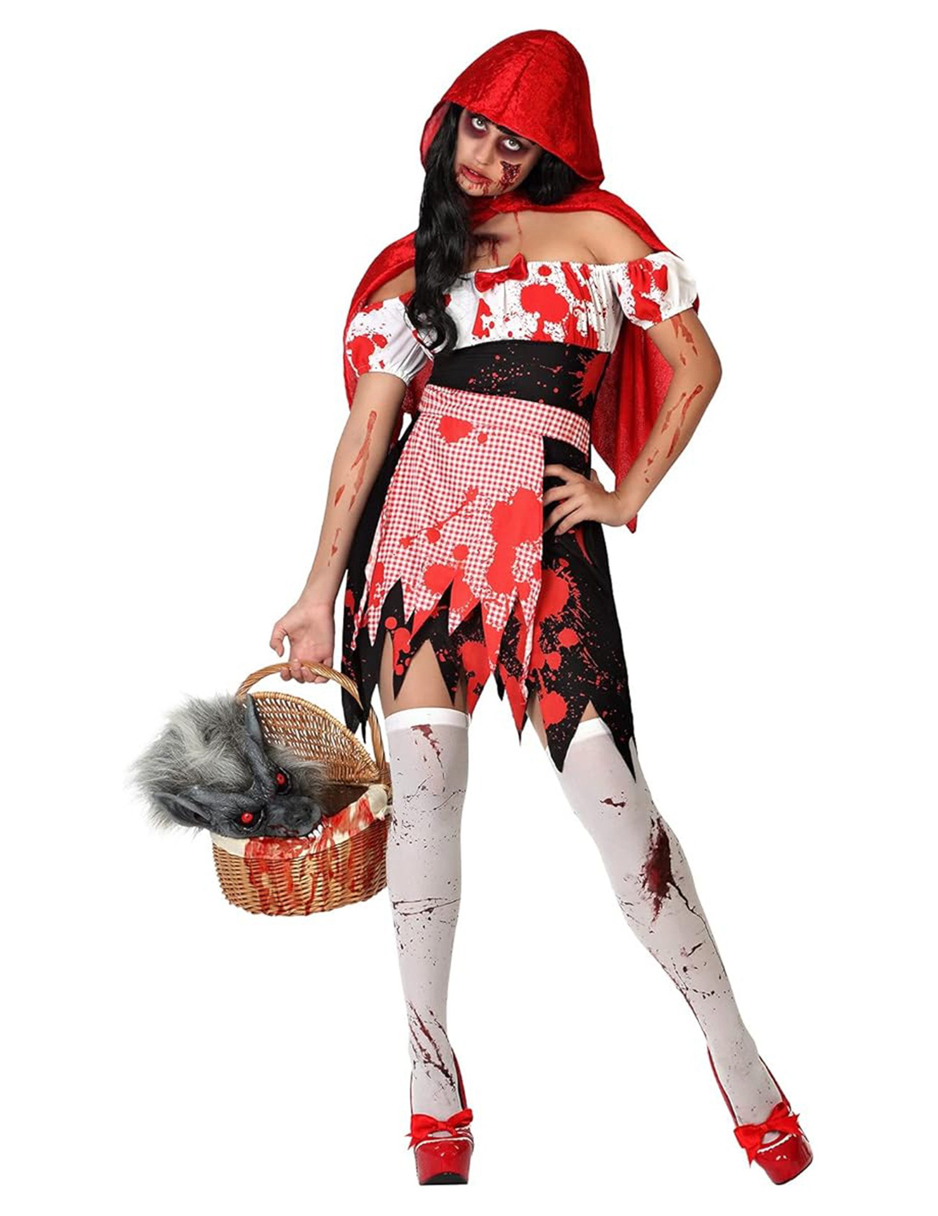 atosa Kostüm Zombie-Rotkäppchen Halloween-Damenkostüm rot-weiss-schwarz