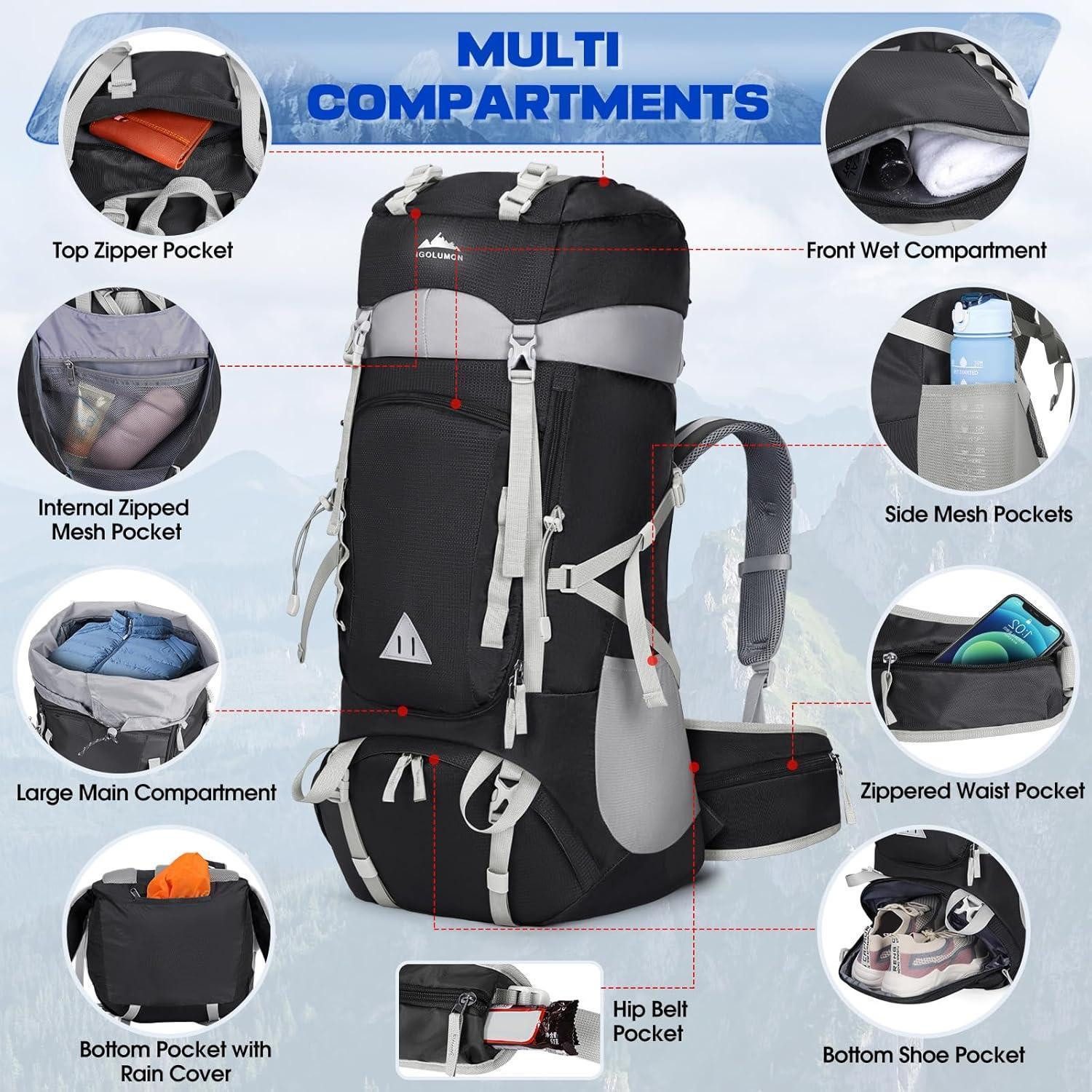 LuxusKollektion Trekkingrucksack Wanderrucksack 60L Herren Damen Trekkingrucksack Wasserdicht Schwarz