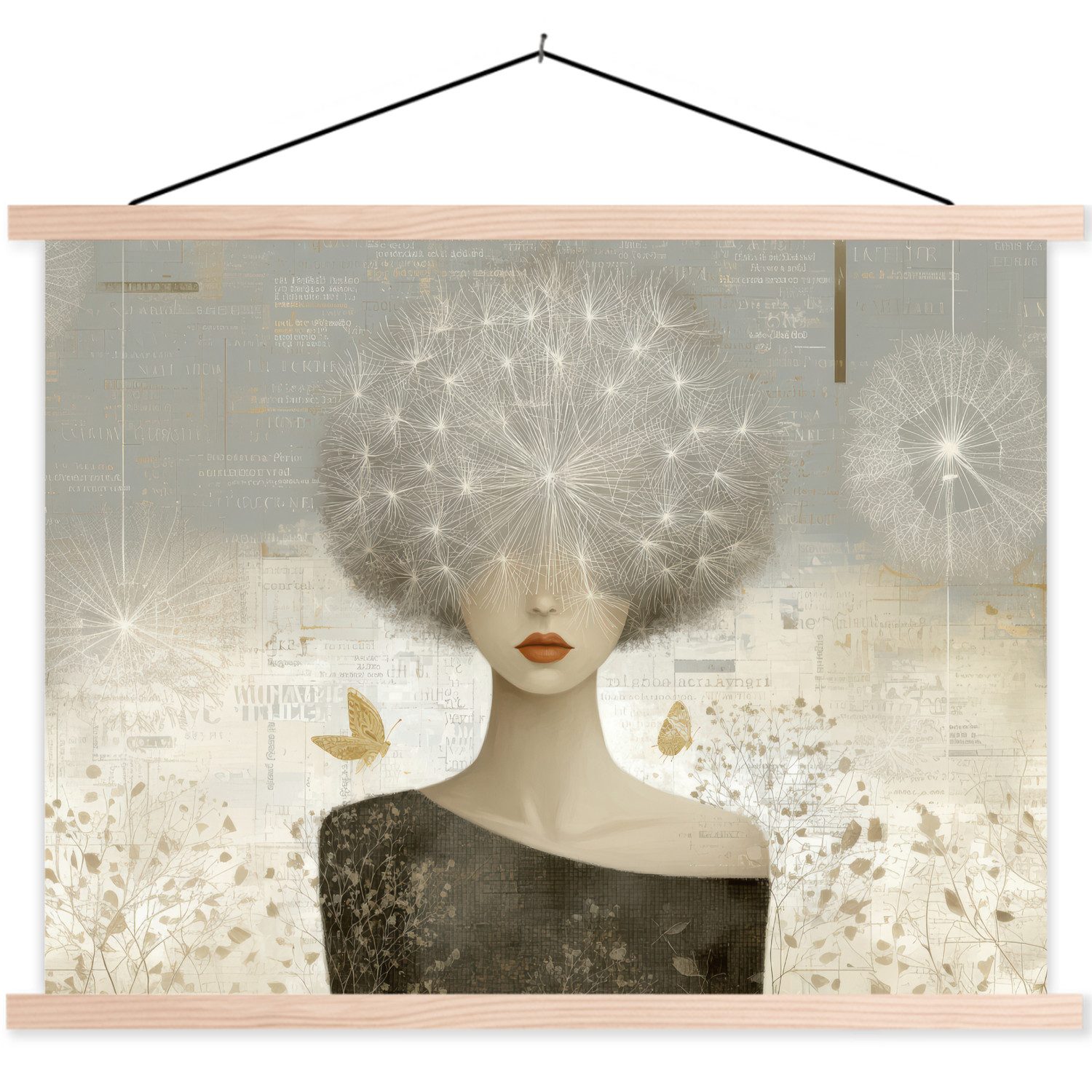 MuchoWow Poster Fluff - Frau - Beige, (1 St), Posterleiste, Textilposter für Wohnzimmer, Bilderleiste, 40x30 cm