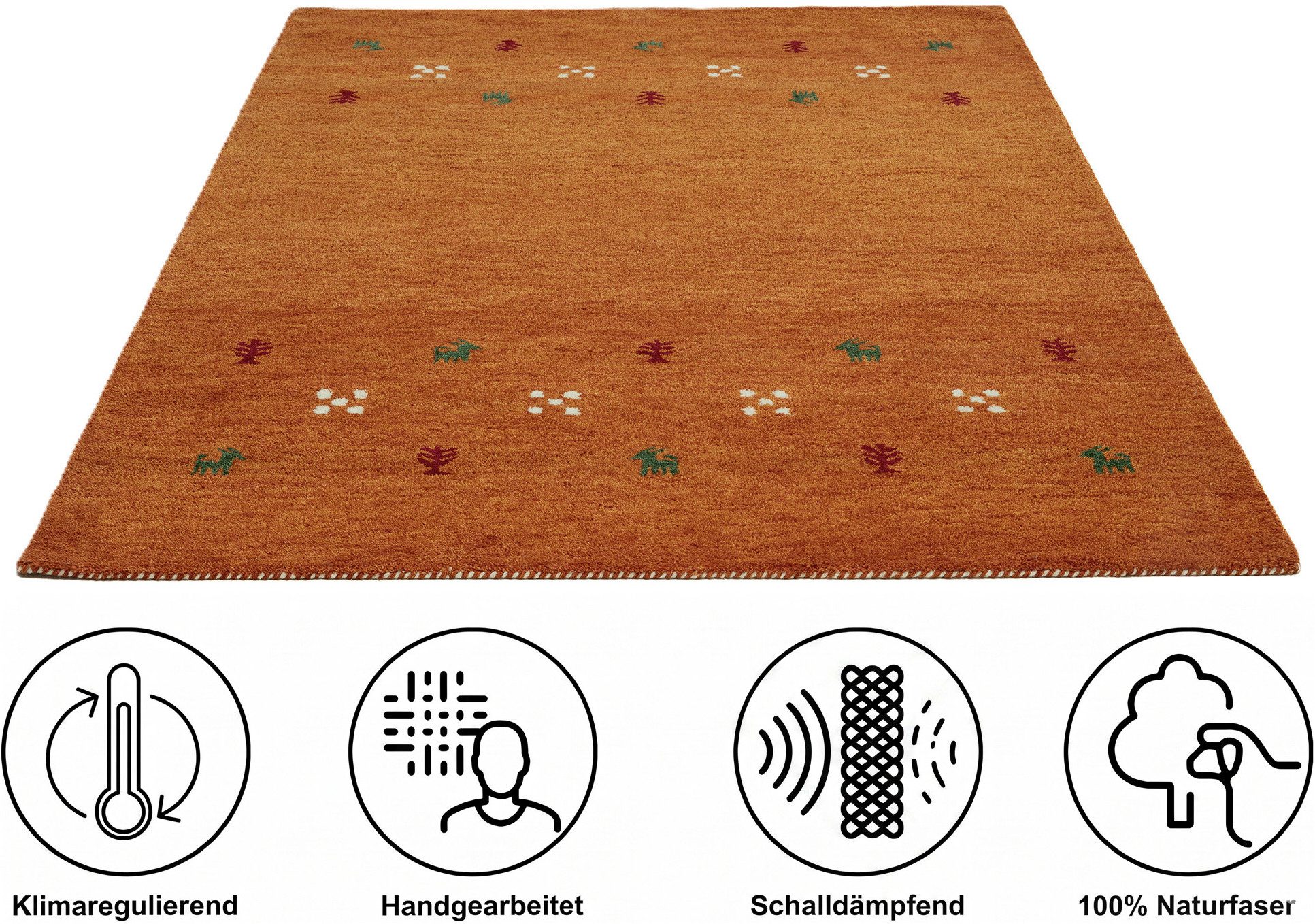 THEKO Wollteppich Gabbeh Motiv, Handgefertigt, Teppich, Tiermotiv, reine Wolle, rechteckig, Höhe: 14 mm, reine Wolle, Wohnzimmer, Schlafzimmer, Esszimmer