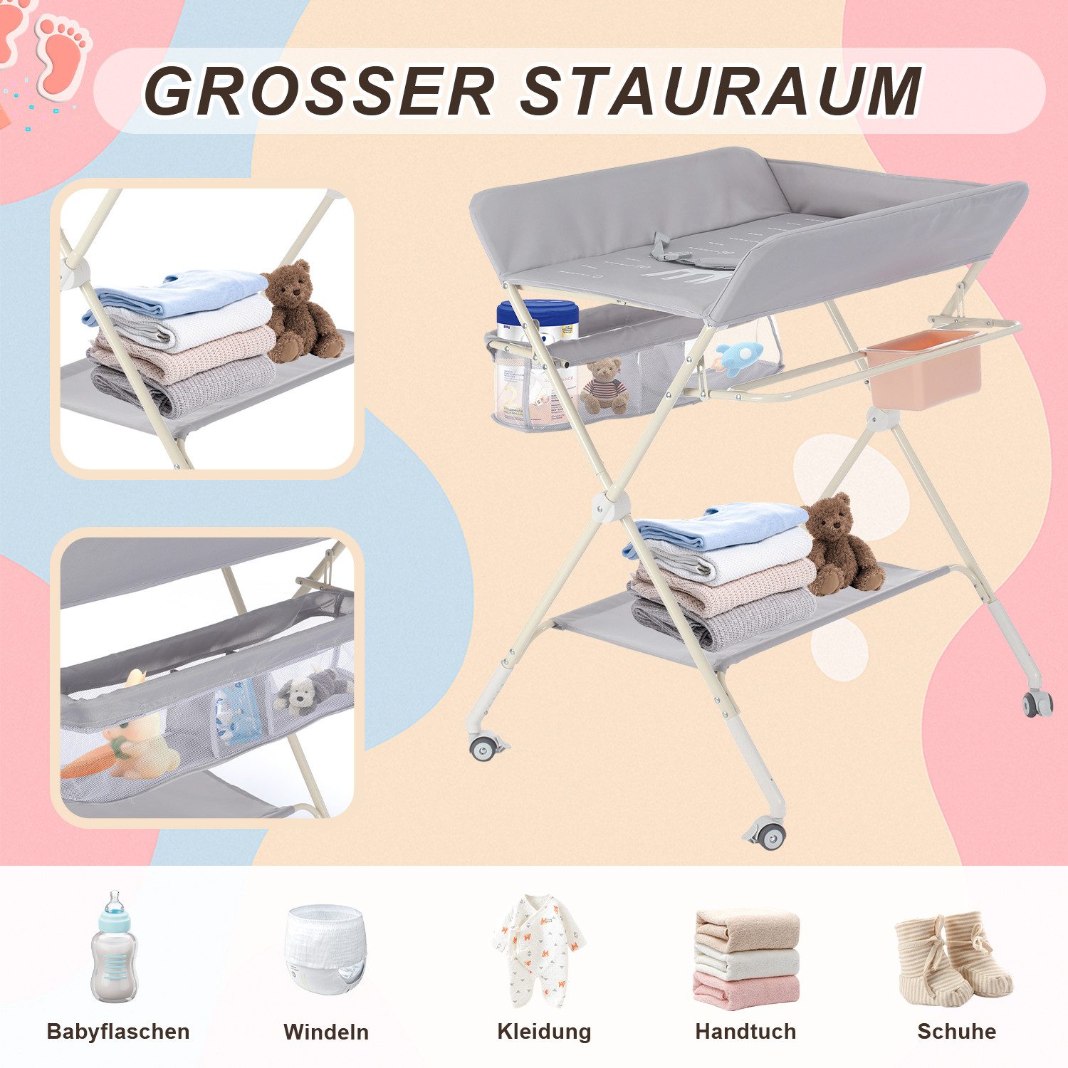 oyajia changing table changing mat Mulde chest of drawers changing compartment Baby child (mobile, with wrap attachment, made of metal Oxford fabric), height adjustable, waterproof, storage compartment, With brake