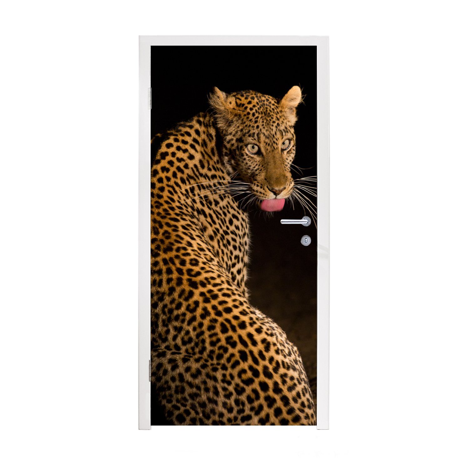 MuchoWow Türtapete Leopard Tür, 75x205 (1 Türaufkleber, St), - Matt, Fototapete für Nacht, - bedruckt, cm Zunge
