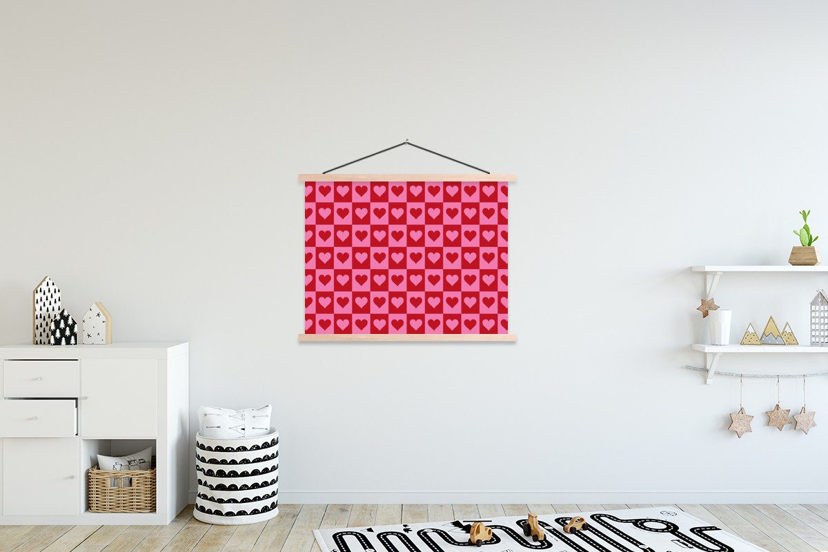 MuchoWow Poster Rot - Rosa - Schachbrett - Valentinstag, (1 St), Magnetische Posterleiste, Holzleisten, Textilposter, 120x90 cm