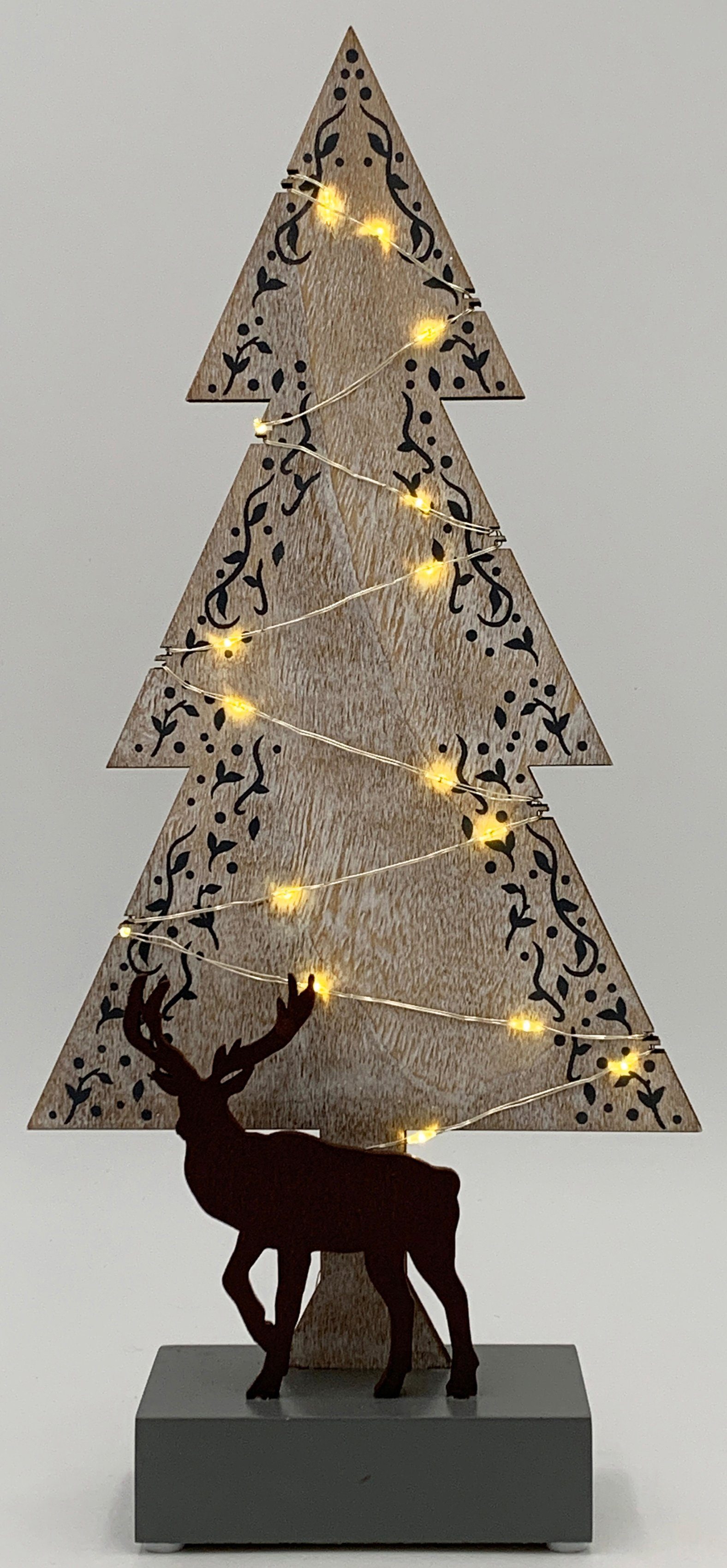 LED Baum Weihnachtsdeko, Timerfunktion, Höhe integriert, aus Timerfunktion, Warmweiß, ca. mit Holz, fest LED Hirsch, Tanne 38 cm mit
