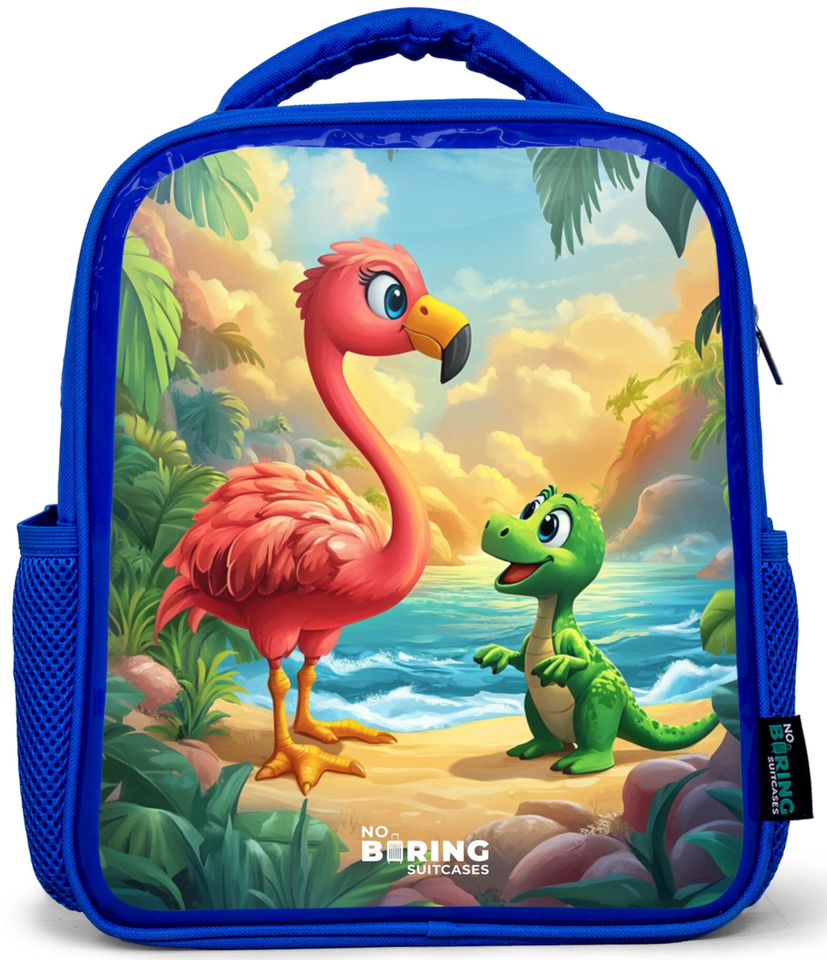 Rucksack Blau - Flamingo und Dinosaurier am Strand bei Sonnenuntergang
