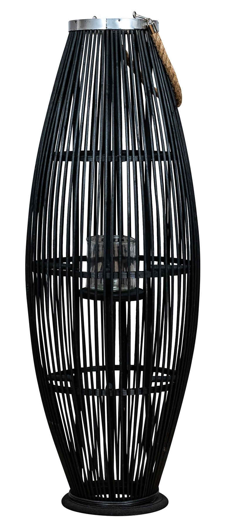 Levandeo® Kerzenlaterne, Laterne H72cm Bambus Windlicht Schwarz Holz Glas Kerzenhalter Sisal Deko