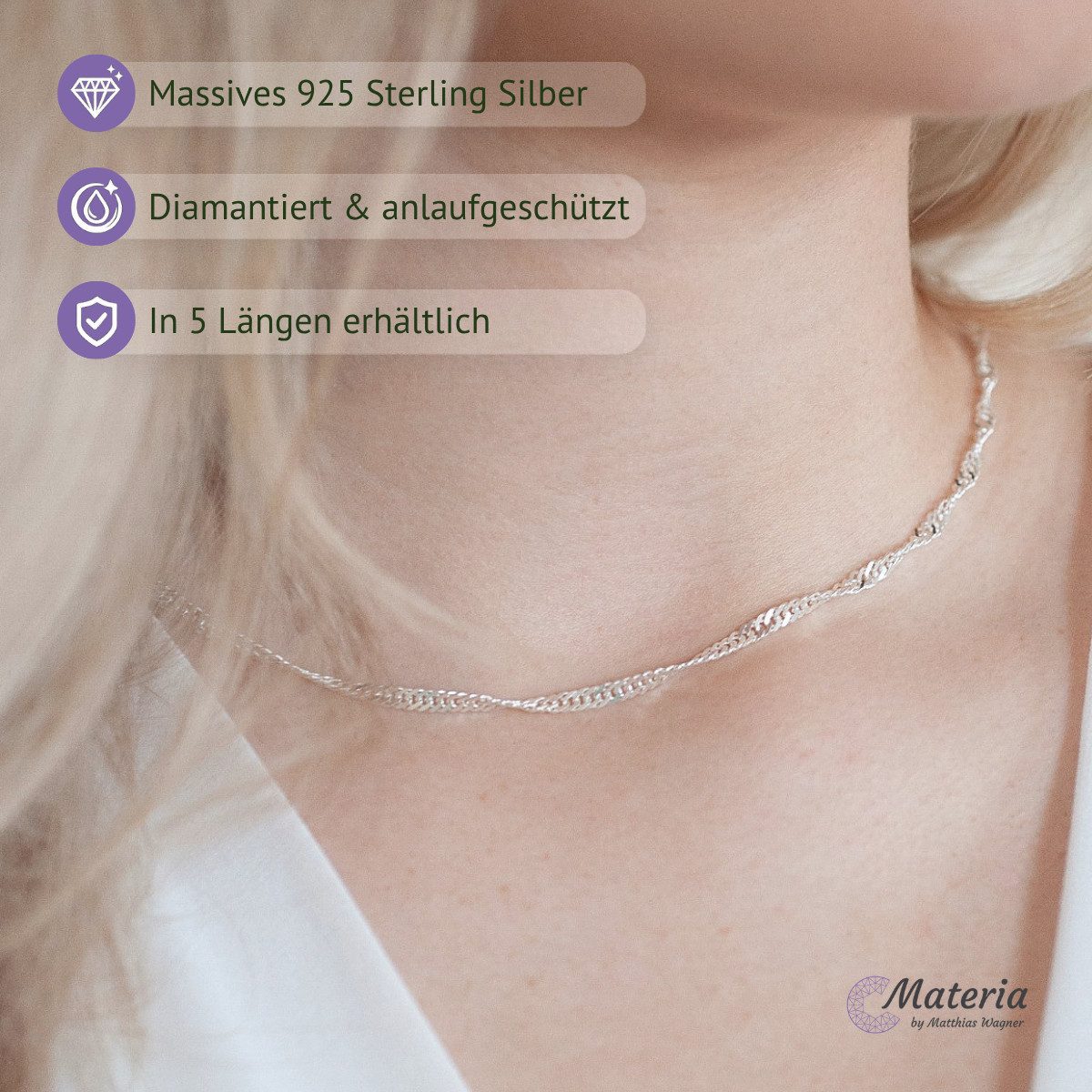 Materia Silberkette Damen Singapurkette glänzend K95, 925 Sterling Silber