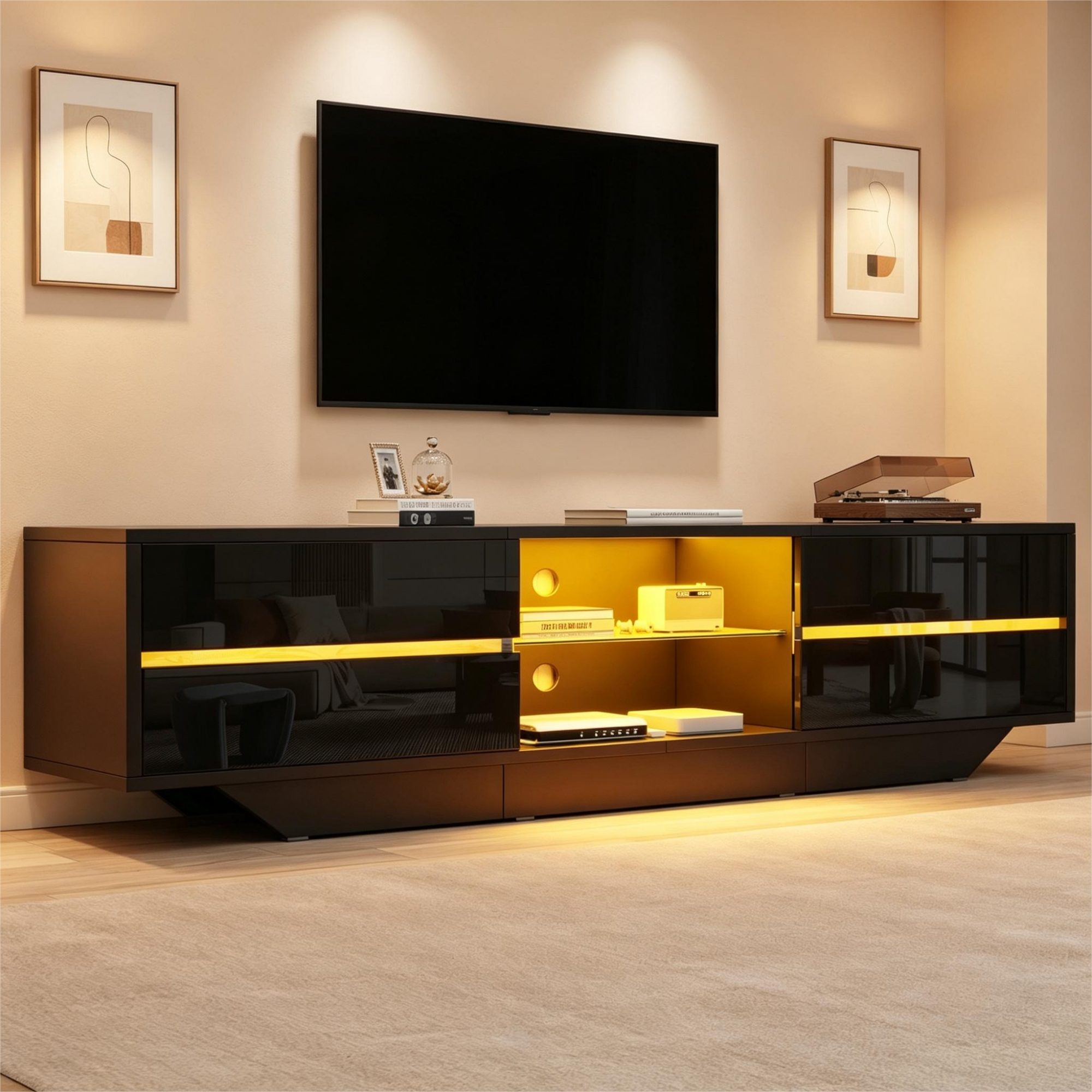 BlingBin TV-Schrank Lowboard mit LED-Beleuchtung, TV-Bank für Wohnzimmer (TV-Lowboard, 1-St., 160 x 35 x 44,5 cm) Fernsehschrank mit 2 Klapptüren und Stauraum, für 65-Zoll-Fernseher