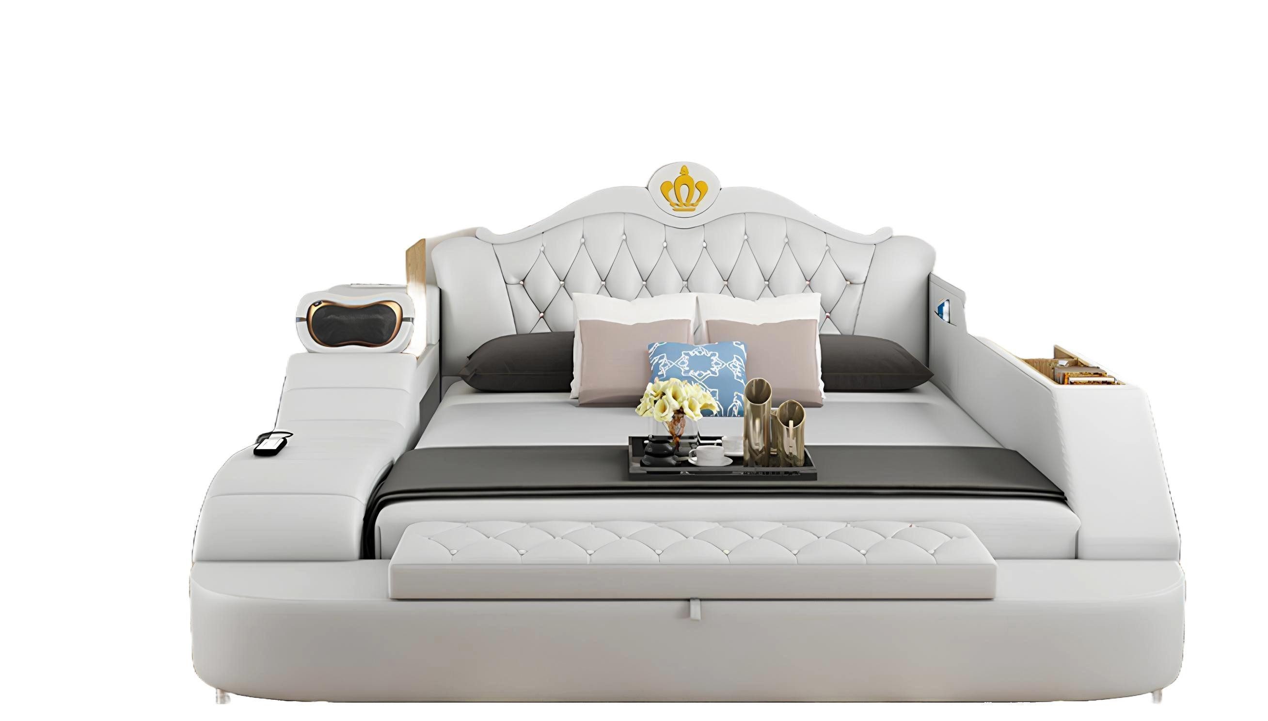 JVmoebel Multimediabett Leder Betten 180x200 Multifunktion Schlafzimmer Liege Regale Weiß (1-tlg), Made in Europa