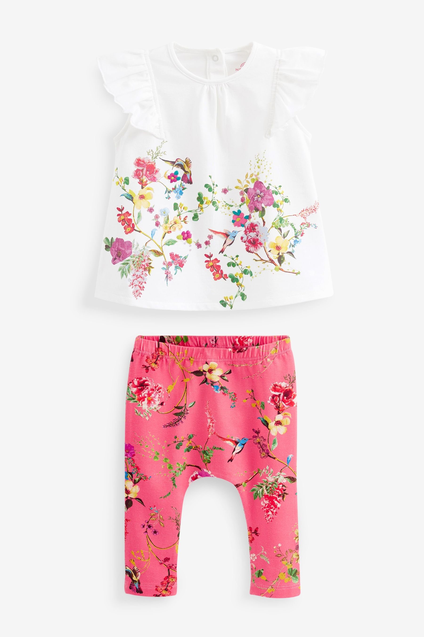 Next & 2er-Set Leggings Webmaterial Shirt aus (2-tlg) und Floral Coral/White Leggings Baby-T-Shirt