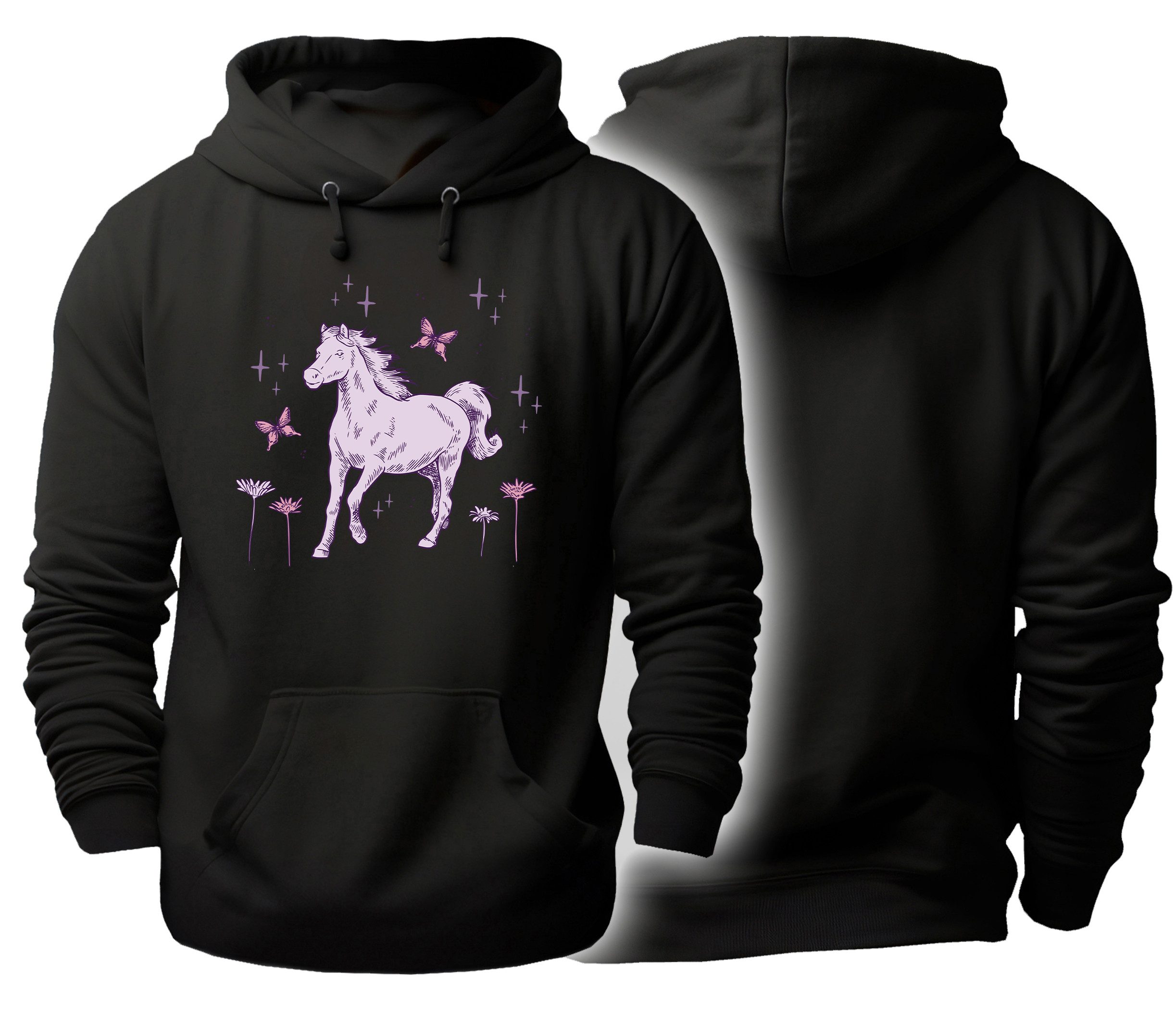 MyDesign24 Hoodie Pferde Kapuzen Pulli - Pferd mit Schmetterlingen Herren und Damen Kapuzensweater i144