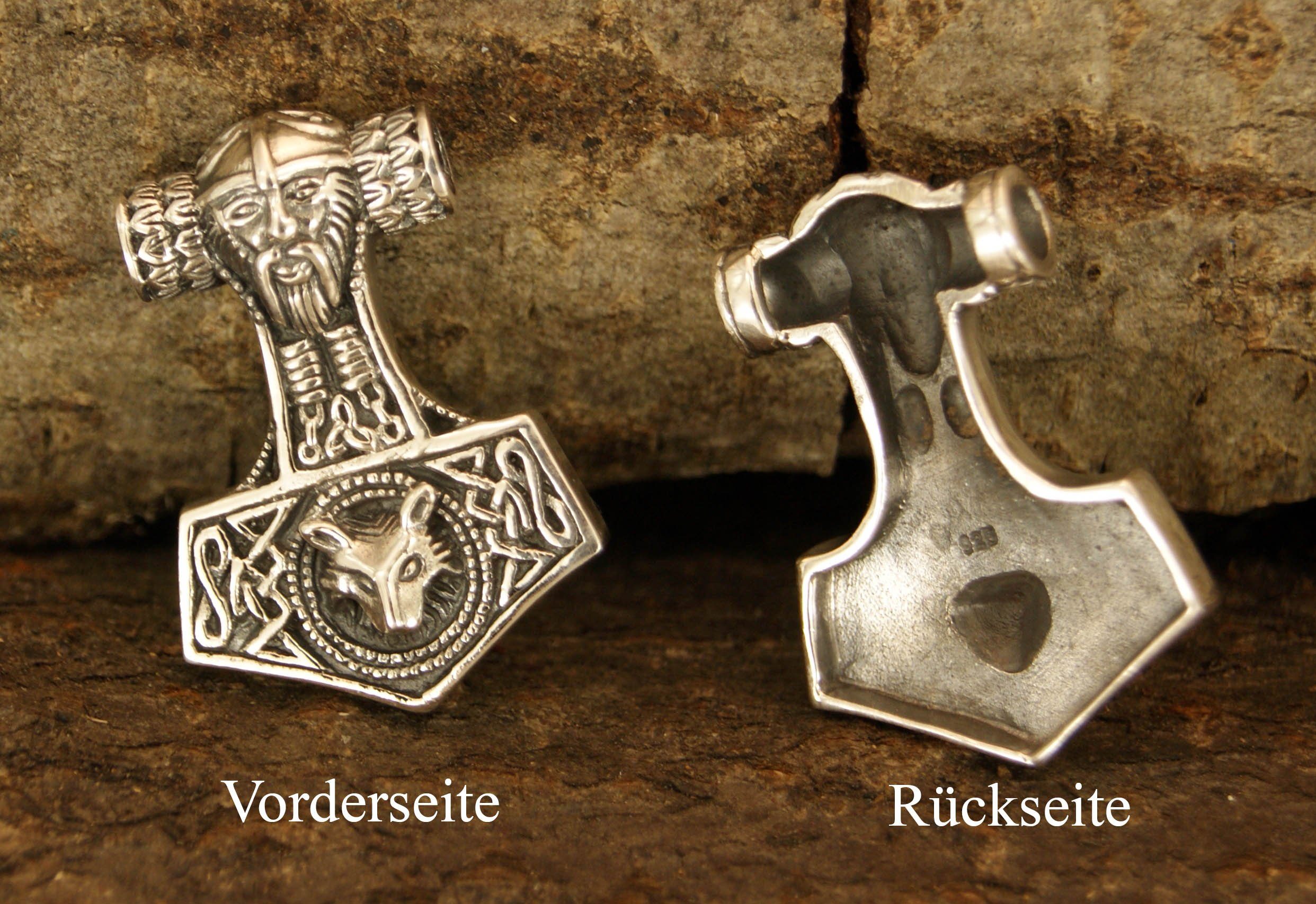 Thorhammer Anhänger Leather 925 Odin Thor Wolf Thorshammer Kopf Kettenanhänger Kiss of Silber
